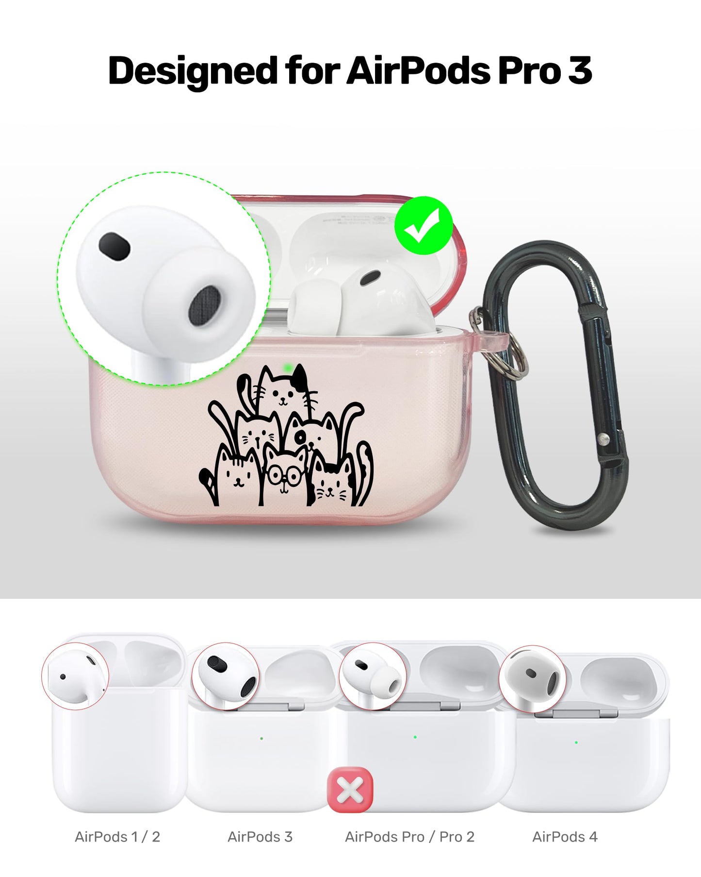 RockMax for AirPods Pro 3 Case Cover with Art Skin, Cute TPU AirPods Case with Keychain Hook, Semi-Transparent Decorative Case for Women, Cute Cat, Clear Pink