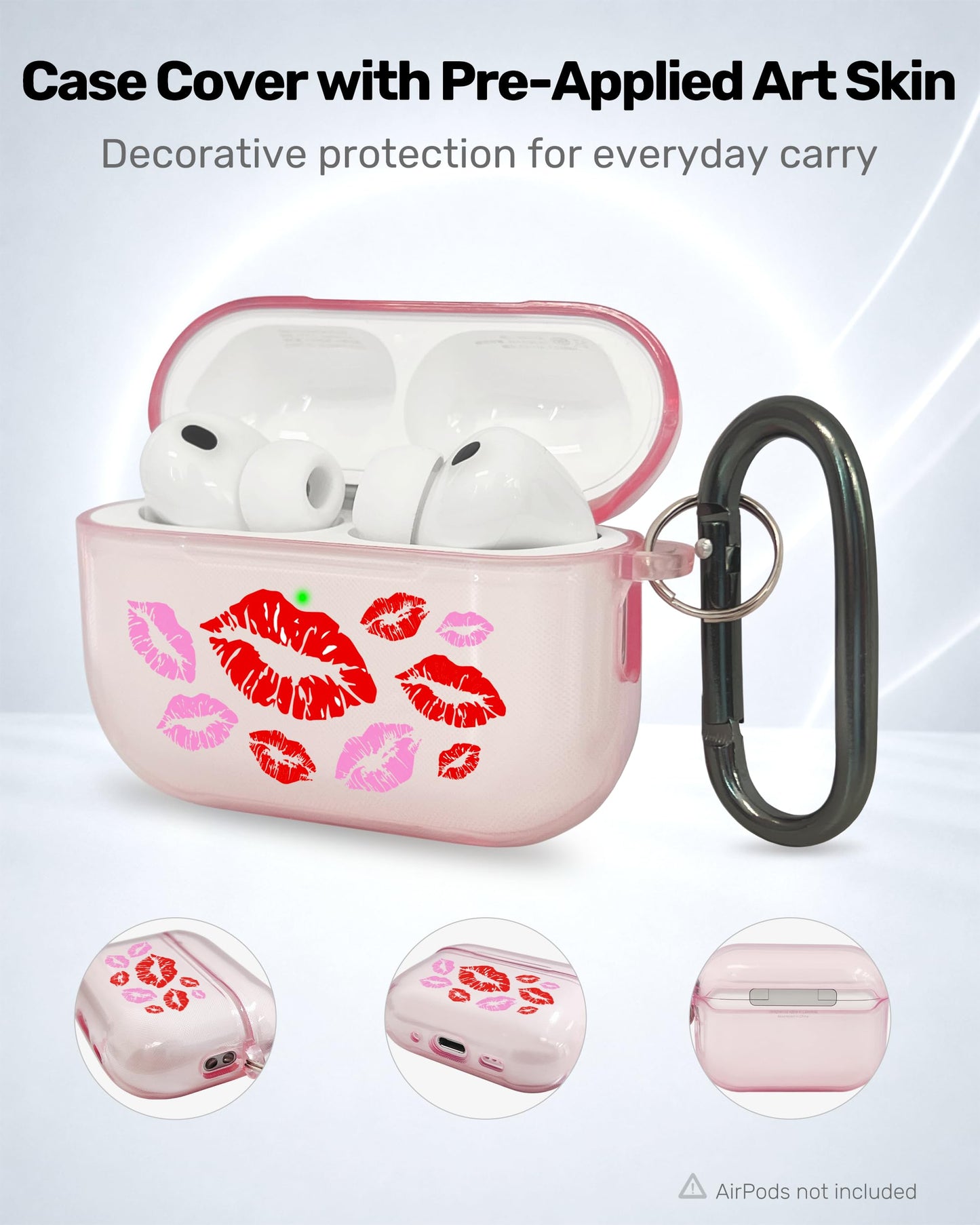 RockMax for AirPods Pro 3 Case Cover with Art Skin, Cute TPU AirPods Case with Keychain Hook, Semi-Transparent Decorative Case for Women, Red Lips, Clear Pink
