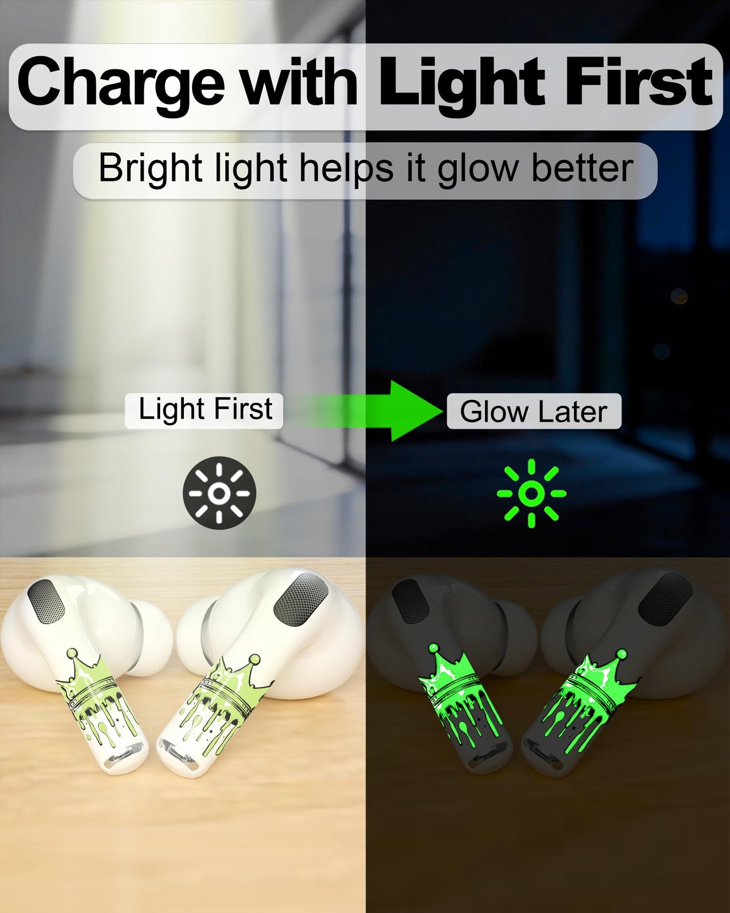 RockMax for AirPod Skins, Glow in The Dark Crown Stickers for Ear Buds, DIY Tattoos for AirPods Pro 2nd Generation, Easy to Identify, Compatible with AirPods Pro 1/2/3 & AirPod 1/2/3/4(Universal Fit)