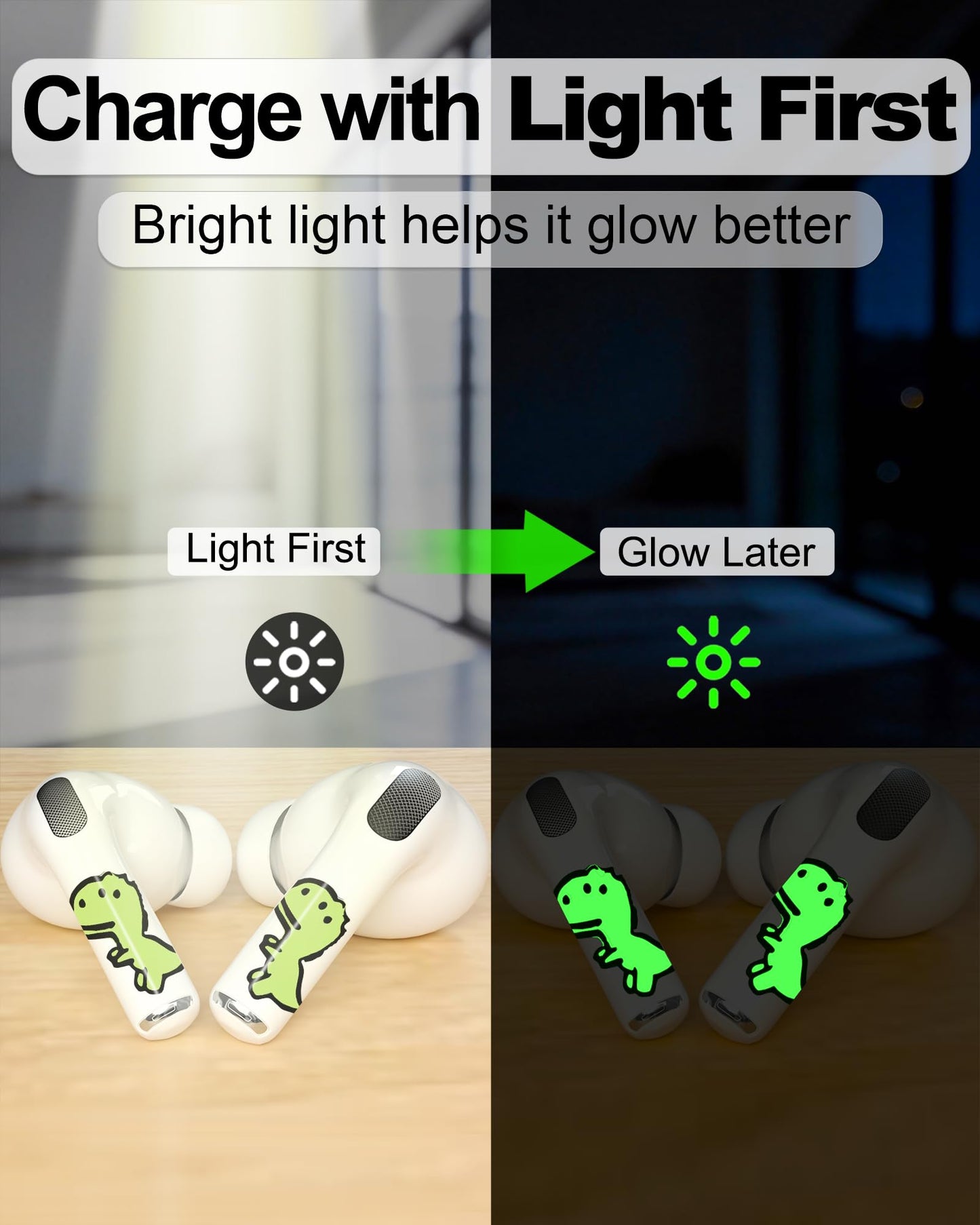 RockMax Glowing Dinosaur Skin for AirPods, Easy to Identify, Universal Sticker Wraps for AirPods Pro 3/2/1 and Gen 1/2/3/4, Cute Earbud Accessories