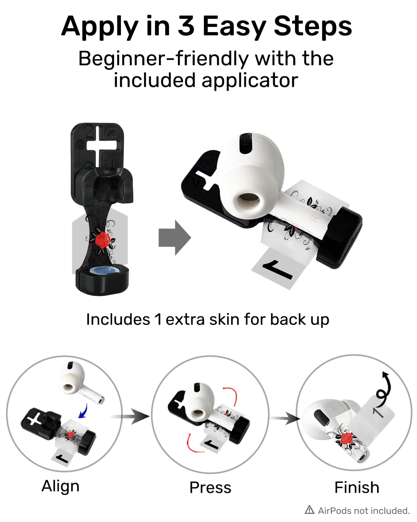 RockMax for AirPods Sticker Skin, Easy to Identify, Universal Fit for AirPods Pro 3/2/1 and Gen 1/2/3/4, Black Wrap Cover, for Teens and Adults