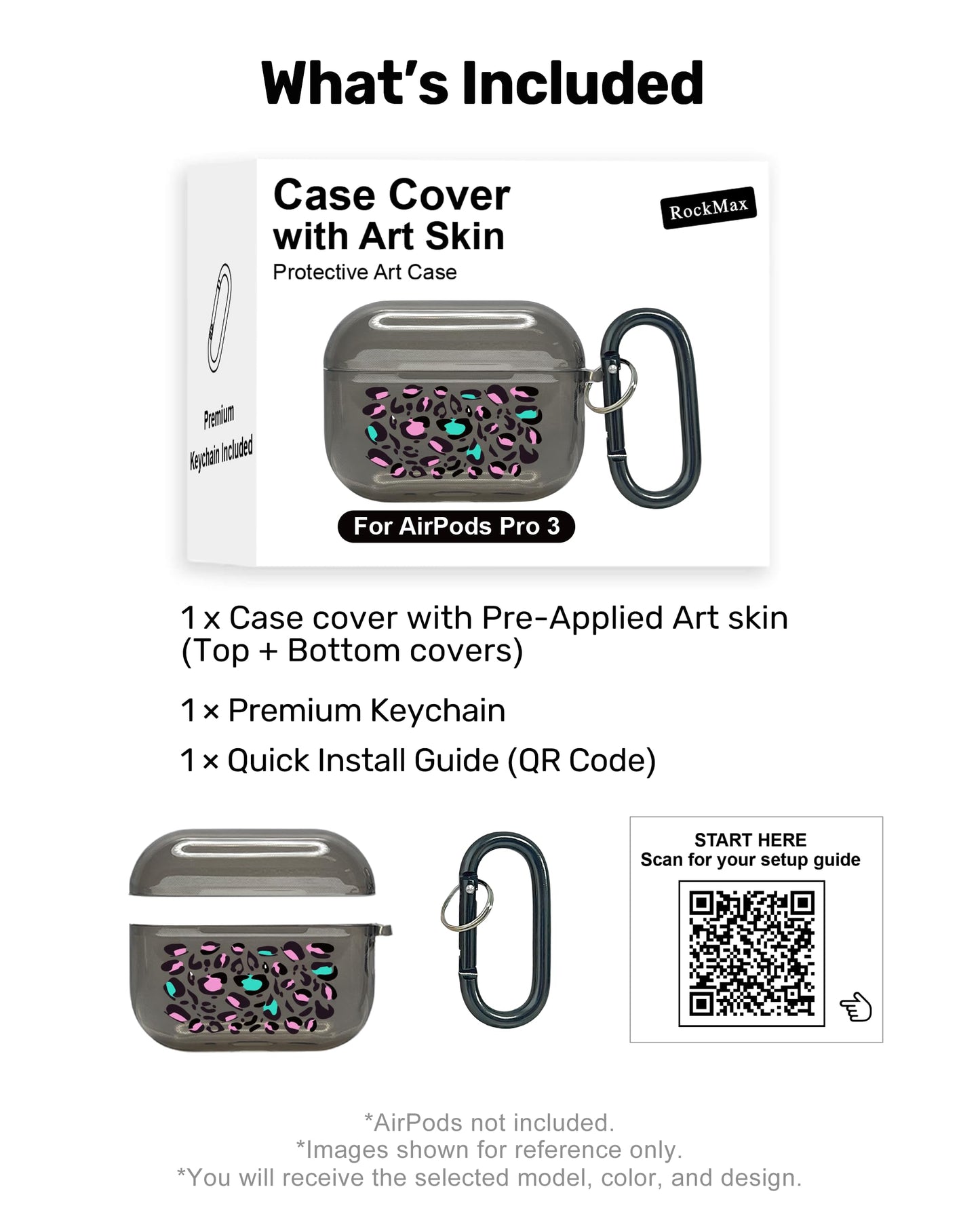 RockMax for AirPods Pro 3 Case Cover with Art Skin, Cute TPU AirPods Case with Keychain Hook, Semi-Transparent Decorative Case for Women, Leopard, Clear Black
