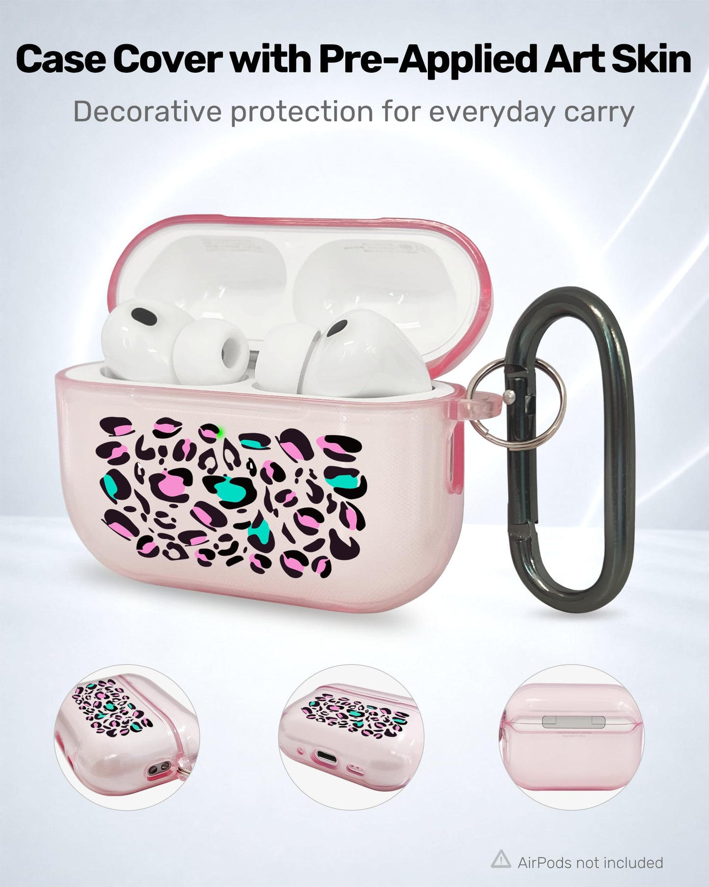 RockMax for AirPods Pro 3 Case Cover with Art Skin, Cute TPU AirPods Case with Keychain Hook, Semi-Transparent Decorative Case for Women, Leopard, Clear Pink