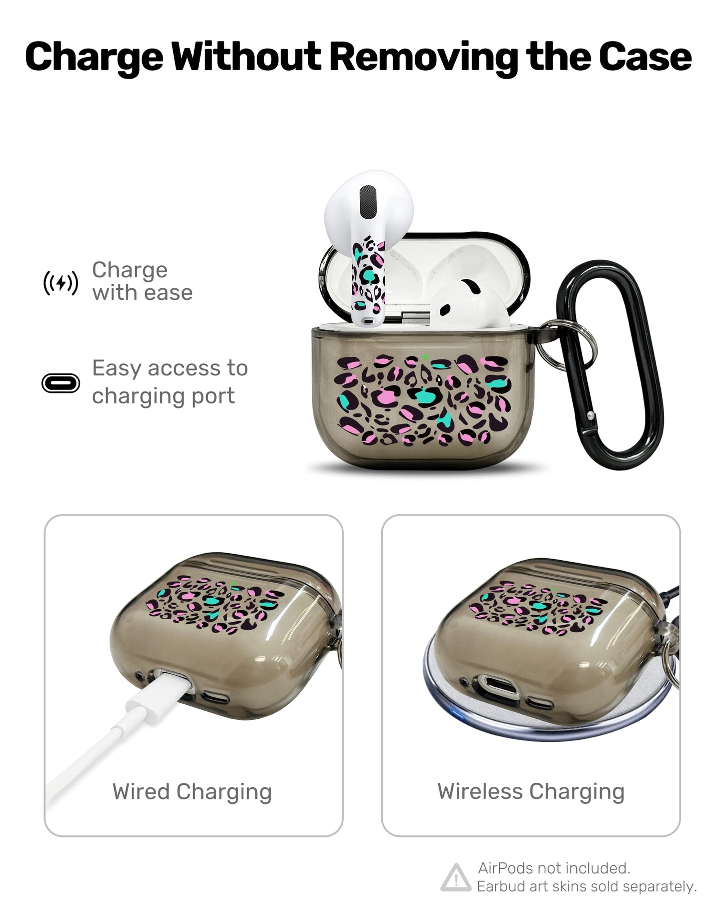 RockMax for AirPods 4 Case Cover with Art Skin, Cute TPU AirPods Case with Keychain Hook, Semi-Transparent Decorative Case for Women, Leopard, Clear Black