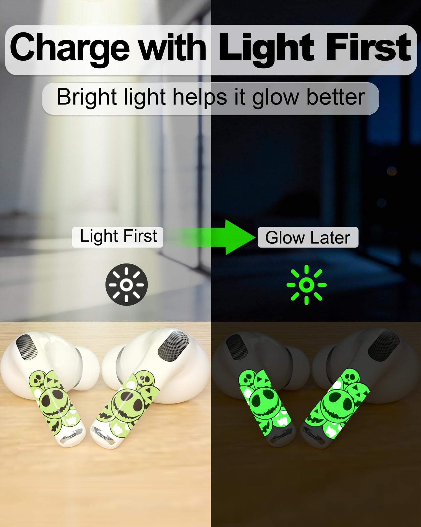 ROCKMAX for AirPod Pro Skin, Glow in The Dark AirPods Pro 2 Skin Wrap, Cool Skull Sticker Decoration for Girls and Boys, Compatible with Charging Case, Universal for AirPods 1/2/3/4 & Pro 1/2/3