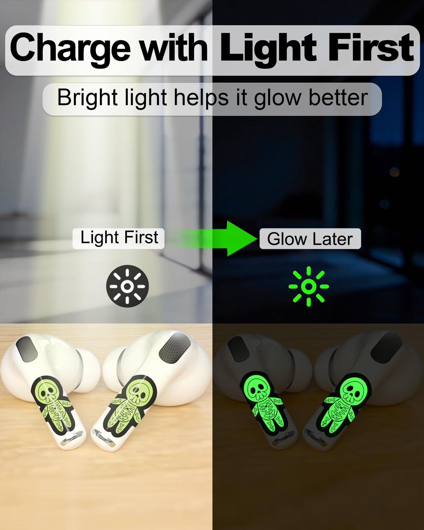 RockMax Glowing Skeleton Skin for AirPods, Easy to Identify, Universal Sticker Wraps for AirPods Pro 3/2/1 and Gen 1/2/3/4, Cute Earbud Accessories