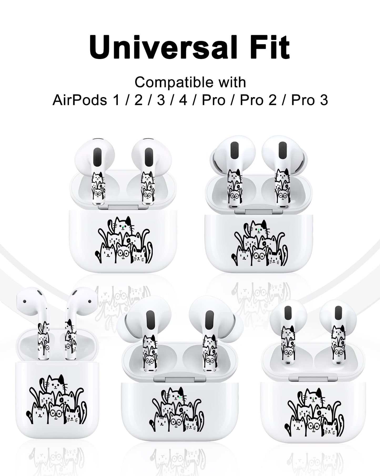 ROCKMAX for Black AirPods Cat Skin Set, Earbud + Charging Case Stickers with Applicator & Spare, Universal Fit for AirPods 1/2/3/4 & Pro/Pro 2/Pro 3, Sweat-Resistant, Removable