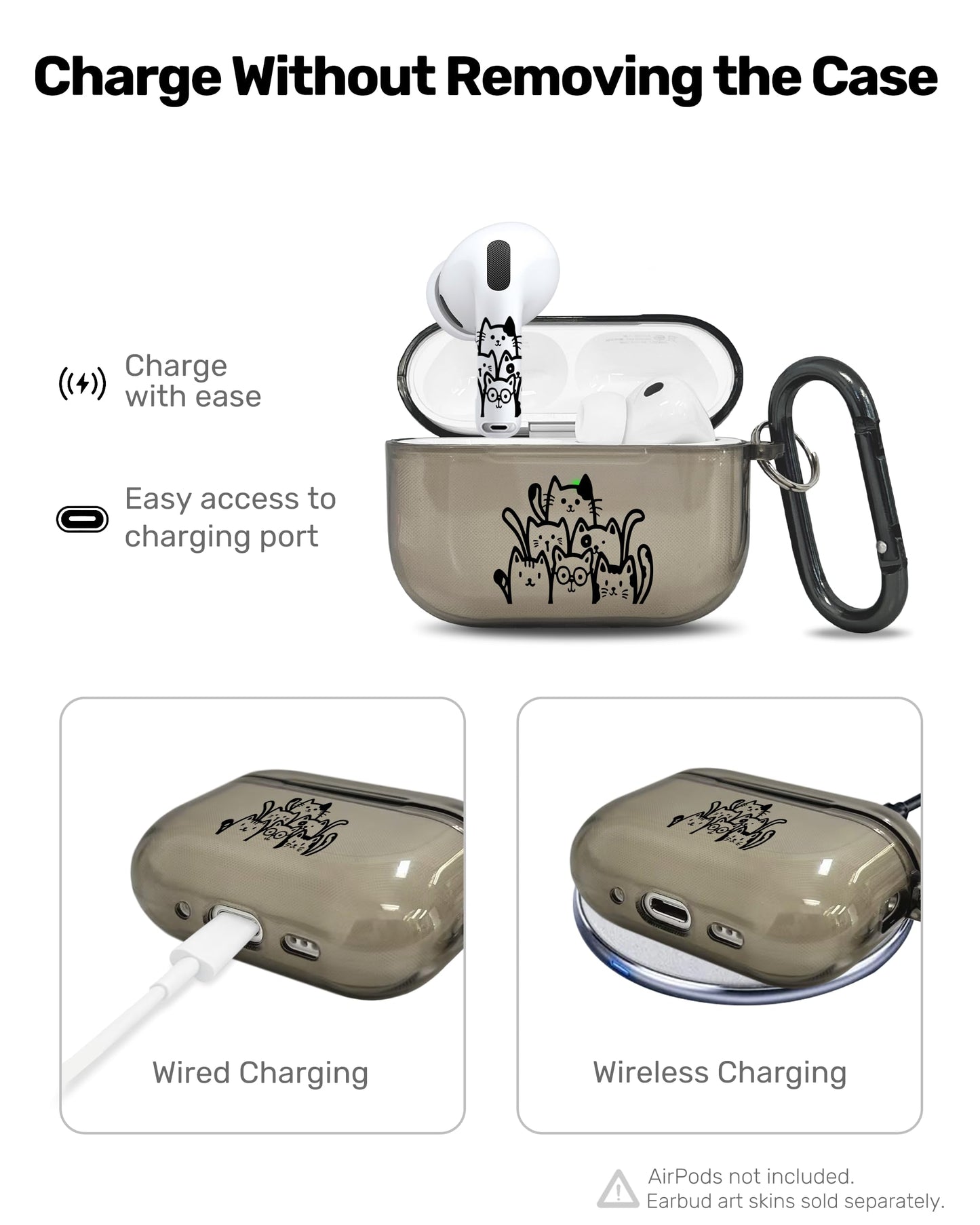 RockMax for AirPods Pro 3 Case Cover with Art Skin, Cute TPU AirPods Case with Keychain Hook, Semi-Transparent Decorative Case for Women, Cute Cat, Clear Black