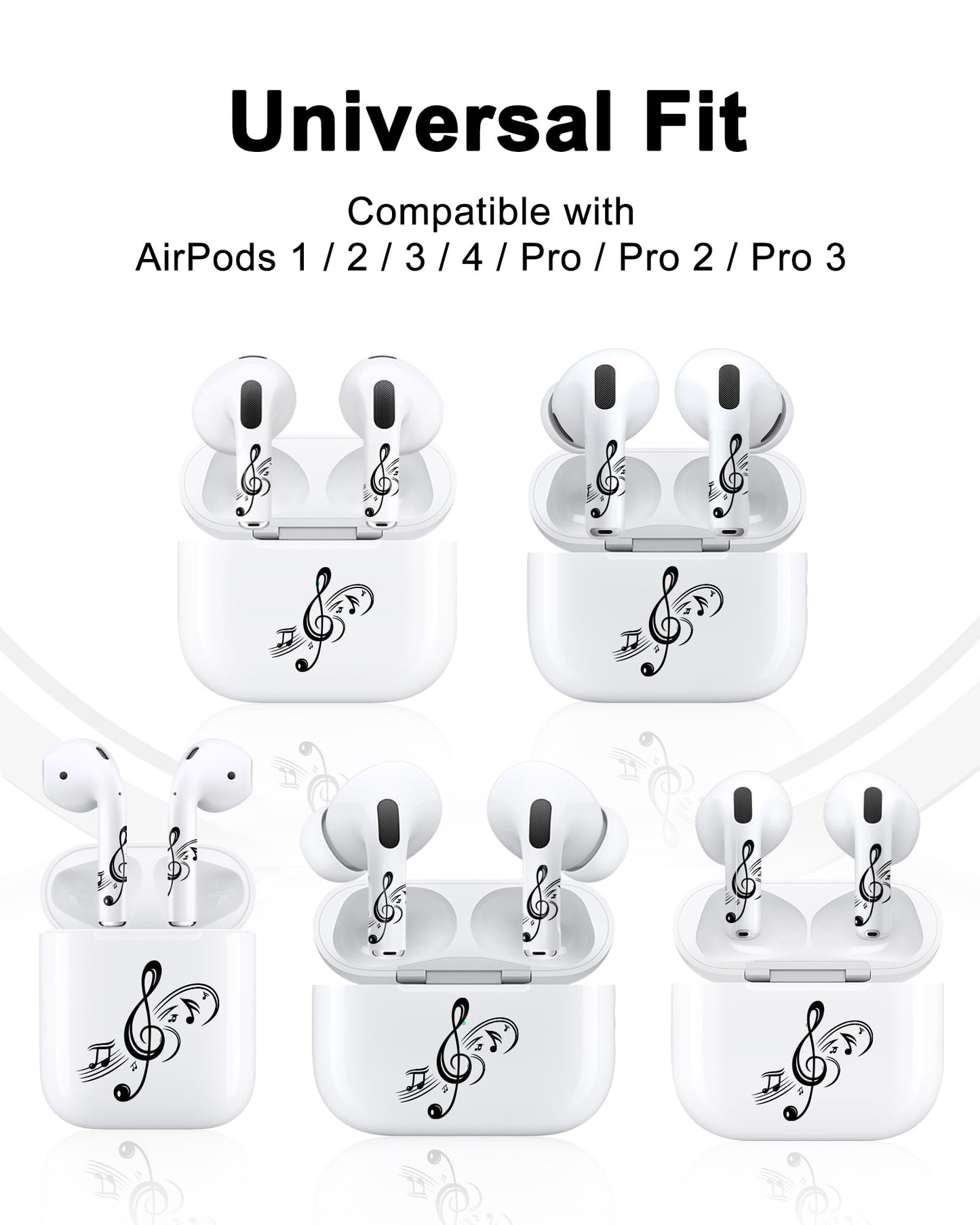 ROCKMAX for AirPods Sticker Skin Set, Earbud + Charging Case Wrap Decals with Applicator & Spare, Fits AirPods 1/2/3/4 & Pro/Pro 2/Pro 3, No Interference – Musical Notes Treble Clef