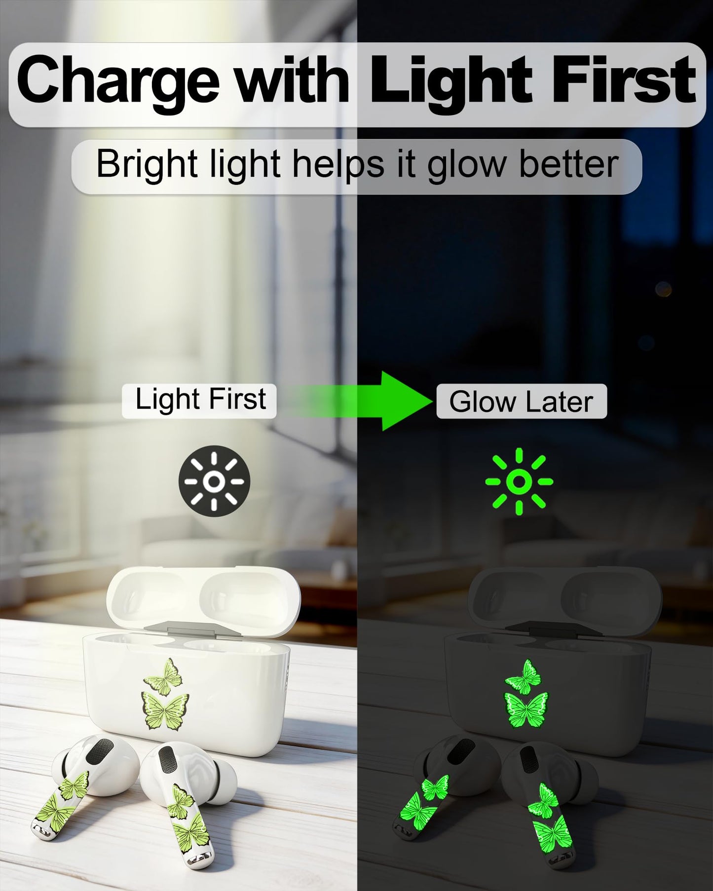 ROCKMAX for AirPods Glow in The Dark Skin Set, Butterfly Earbud + Charging Case Stickers with Applicator & Spare, Universal Fit for AirPods 1/2/3/4 & Pro/Pro 2/Pro 3, Sweat-Resistant, Removable