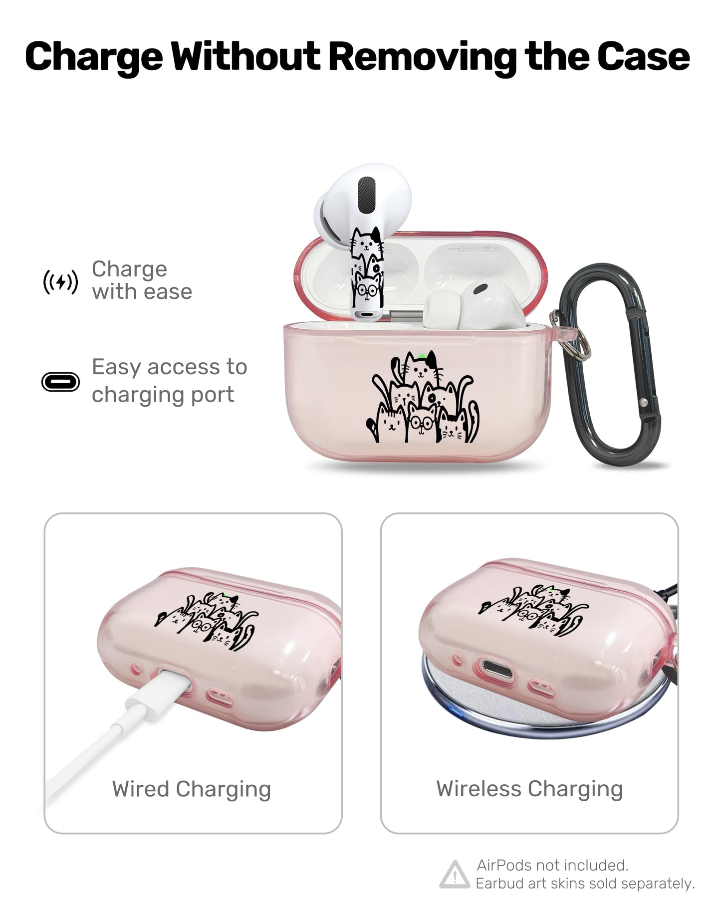 RockMax for AirPods Pro 3 Case Cover with Art Skin, Cute TPU AirPods Case with Keychain Hook, Semi-Transparent Decorative Case for Women, Cute Cat, Clear Pink