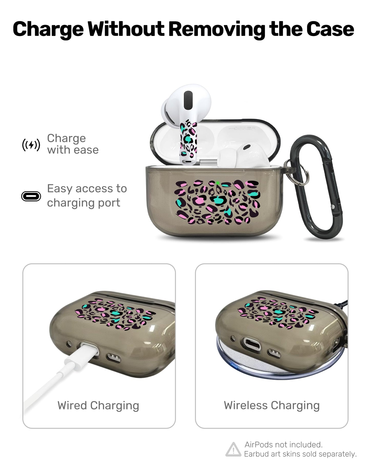 RockMax for AirPods Pro 3 Case Cover with Art Skin, Cute TPU AirPods Case with Keychain Hook, Semi-Transparent Decorative Case for Women, Leopard, Clear Black