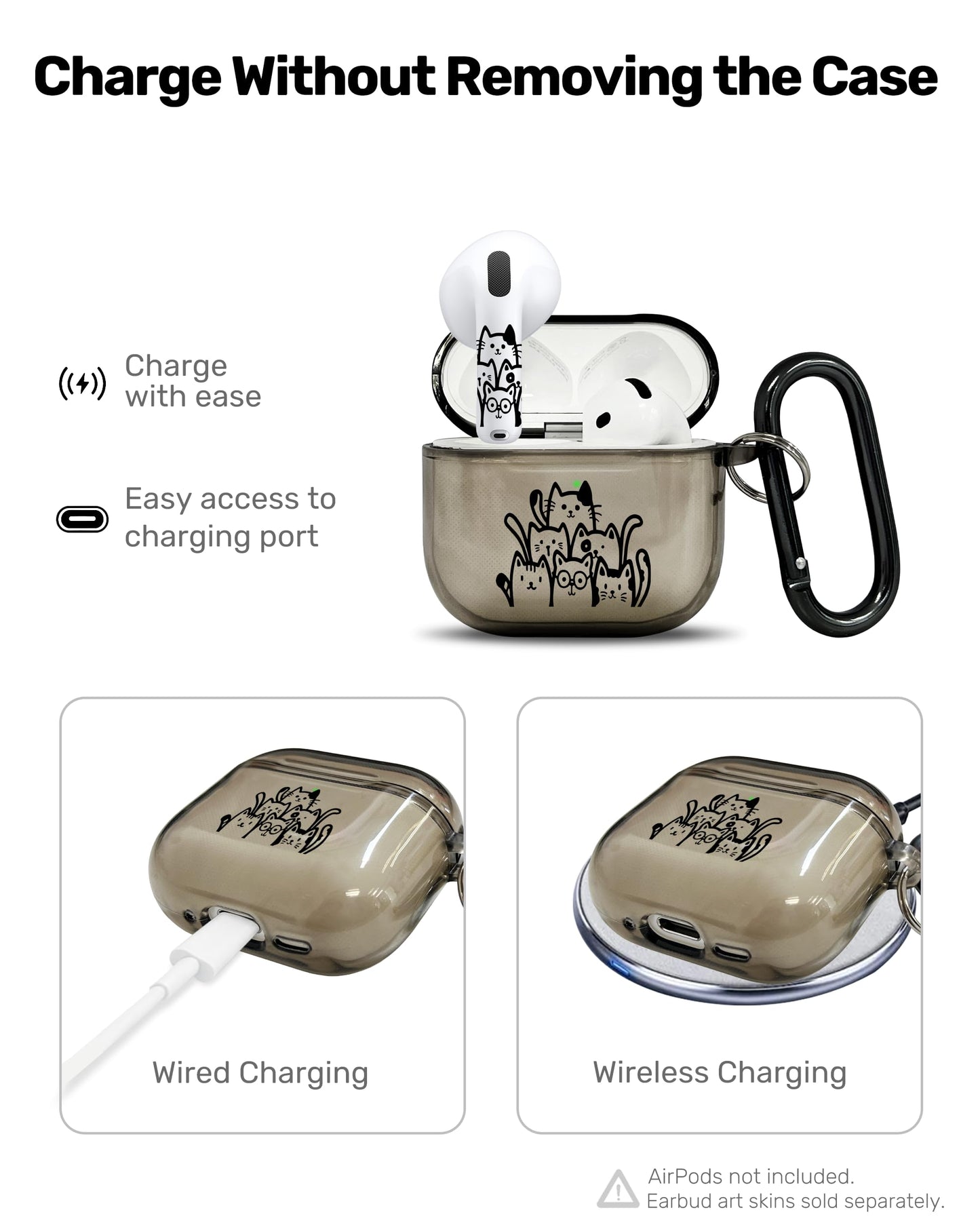 RockMax for AirPods 4 Case Cover with Art Skin, Cute TPU AirPods Case with Keychain Hook, Semi-Transparent Decorative Case for Women, Cute Cat, Clear Black