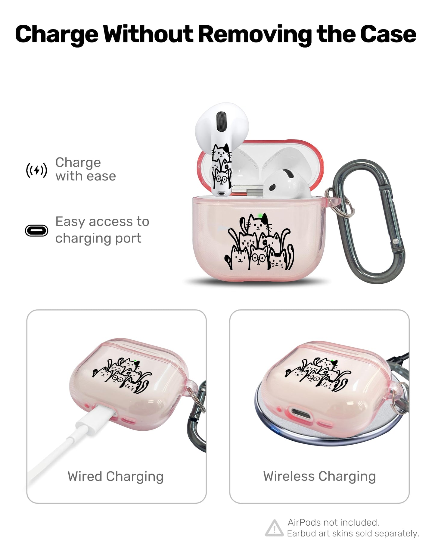 RockMax for AirPods 4 Case Cover with Art Skin, Cute TPU AirPods Case with Keychain Hook, Semi-Transparent Decorative Case for Women, Cute Cat, Clear Pink