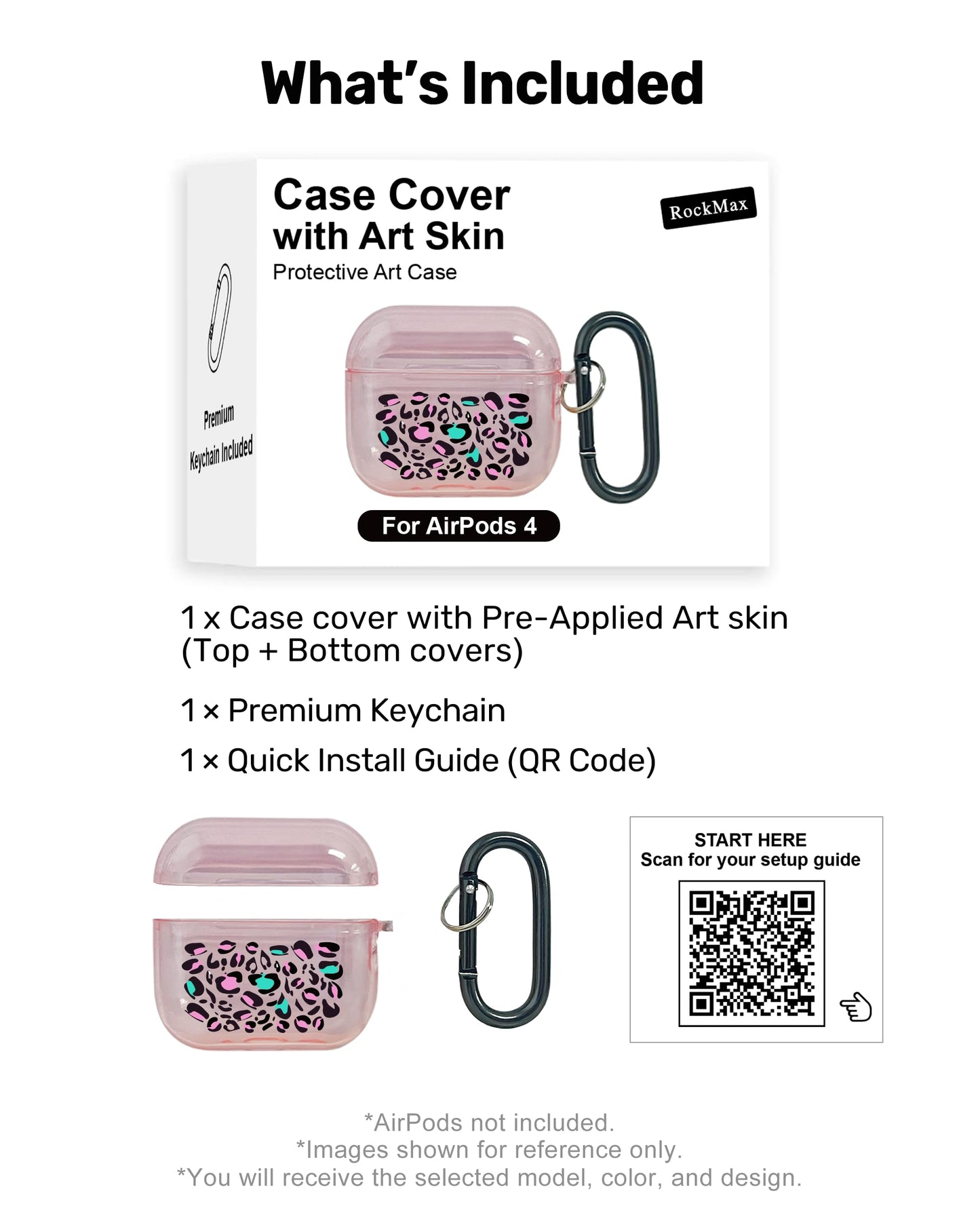 RockMax for AirPods 4 Case Cover with Art Skin, Cute TPU AirPods Case with Keychain Hook, Semi-Transparent Decorative Case for Women, Leopard, Clear Pink