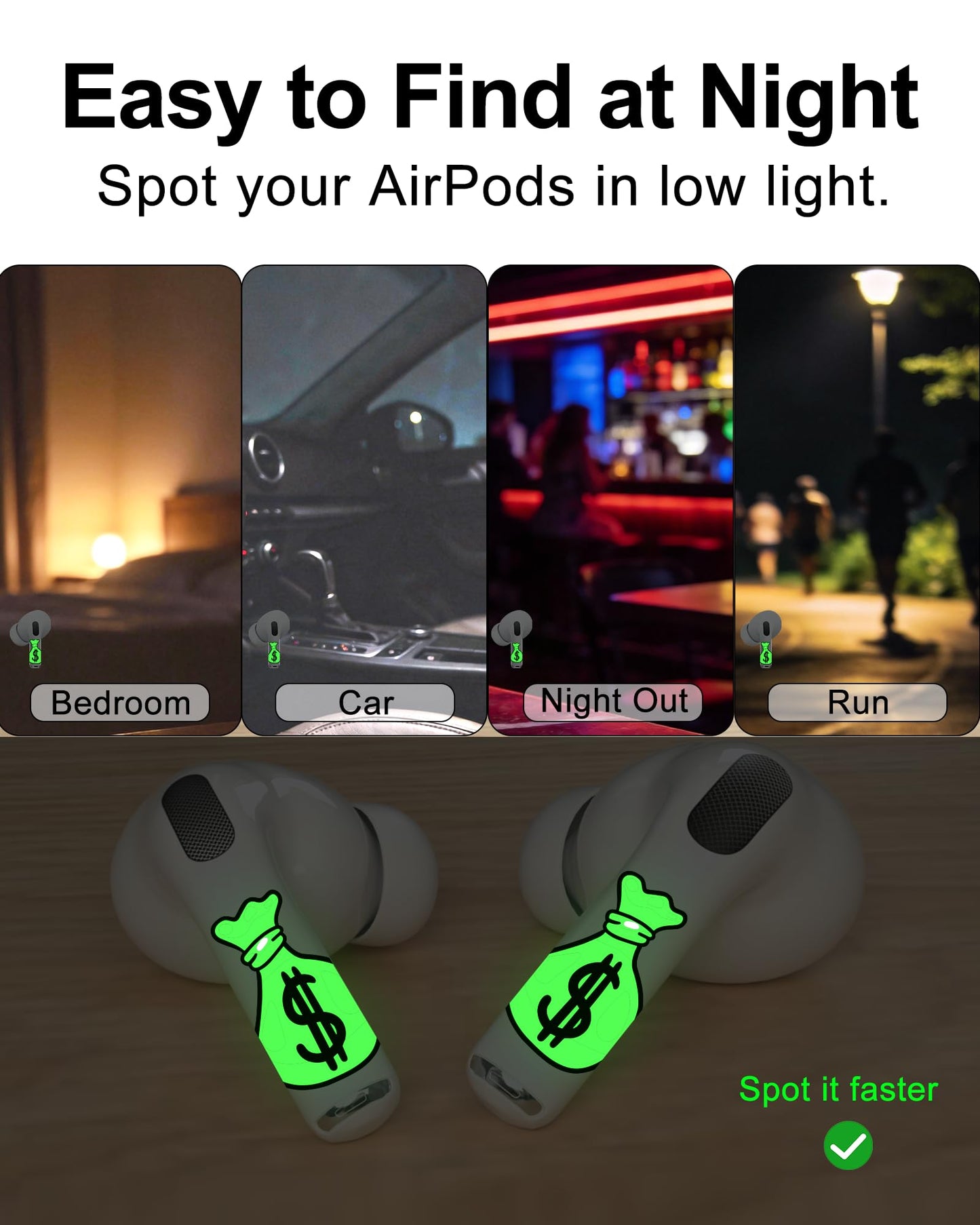 RockMax for AirPod Pro 3 Skins, Glow in The Dark Decal Stickers, DIY Dollar Tattoos for AirPods Pro 2nd Generation, Easy to Identify, Compatible with AirPods Pro 1/2/3 & AirPod 1/2/3/4(Universal Fit)