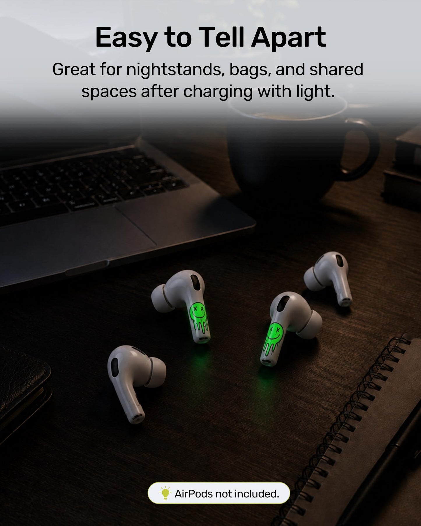 RockMax for AirPods Pro 3 Skin, Glow-in-The-Dark Death Smile Sticker for AirPods 4th Gen, Works with AirPod Case, Easy to Identify, Fits AirPods 1/2/3/4 and AirPods Pro 1/2/3(Universal Fit)