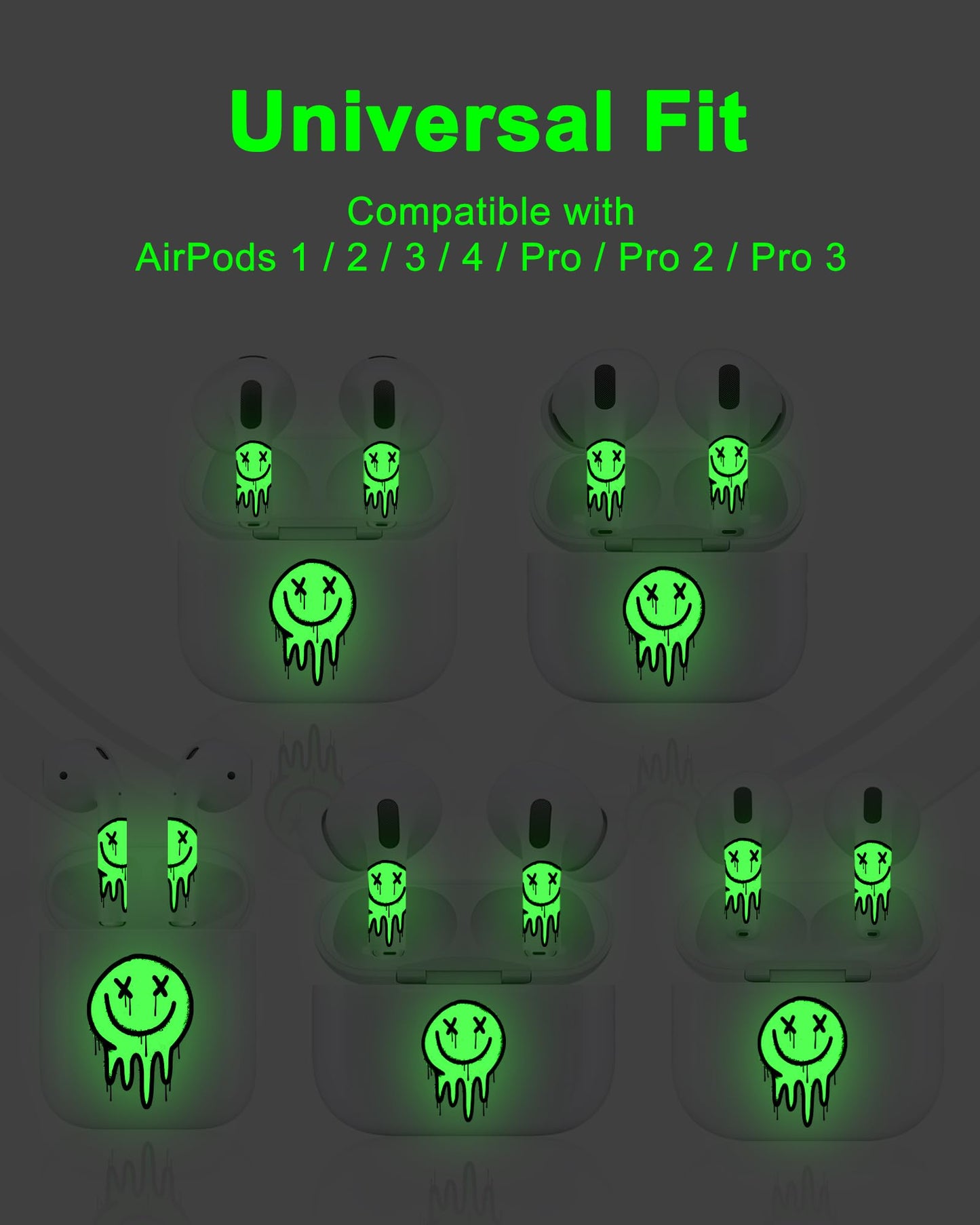 ROCKMAX for Glow in The Dark AirPods Skin Set, Earbud + Charging Case Stickers with Applicator & Spare, Universal Fit for AirPods 1/2/3/4 & Pro/Pro 2/Pro 3, Sweat-Resistant, Removable