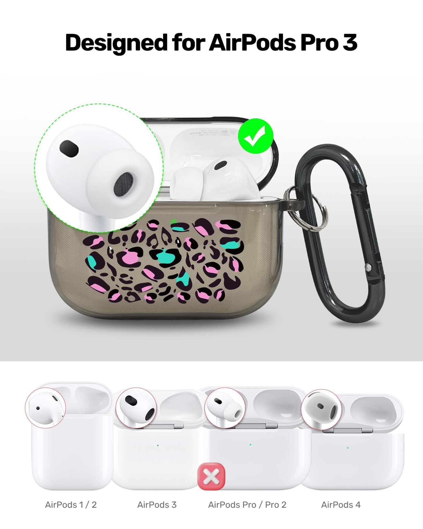 RockMax for AirPods Pro 3 Case Cover with Art Skin, Cute TPU AirPods Case with Keychain Hook, Semi-Transparent Decorative Case for Women, Leopard, Clear Black