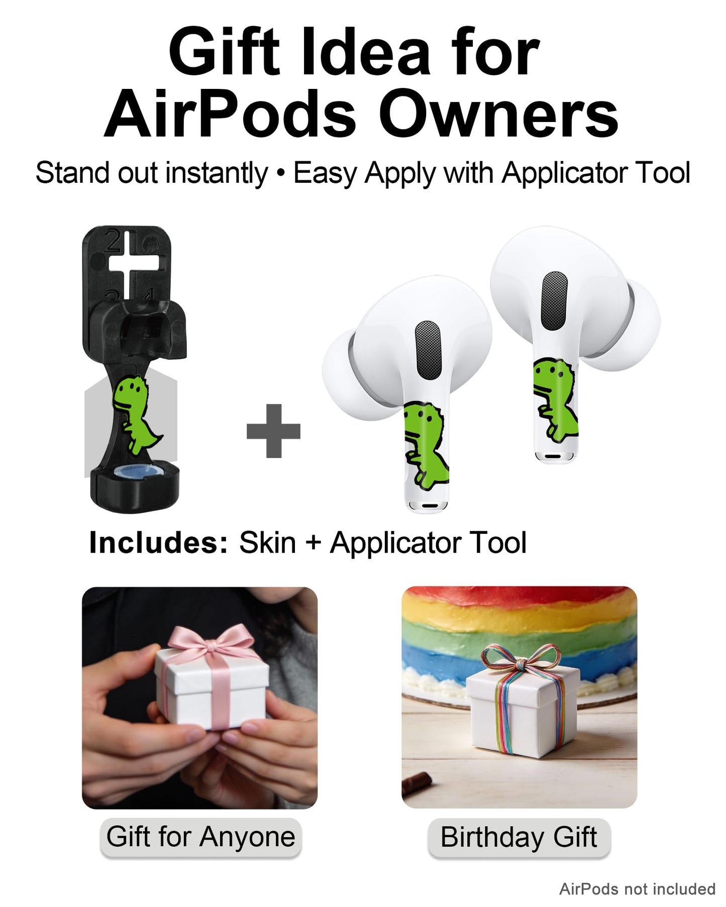 RockMax for AirPod Skin, Quickly Recognizable, Universal Fit for AirPods Pro 3/2/1 and Gen 1/2/3/4, Green Dinosaur Sticker Cover, for Women and Teens
