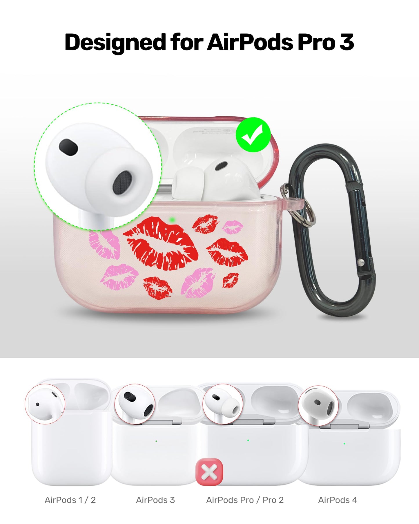RockMax for AirPods Pro 3 Case Cover with Art Skin, Cute TPU AirPods Case with Keychain Hook, Semi-Transparent Decorative Case for Women, Red Lips, Clear Pink