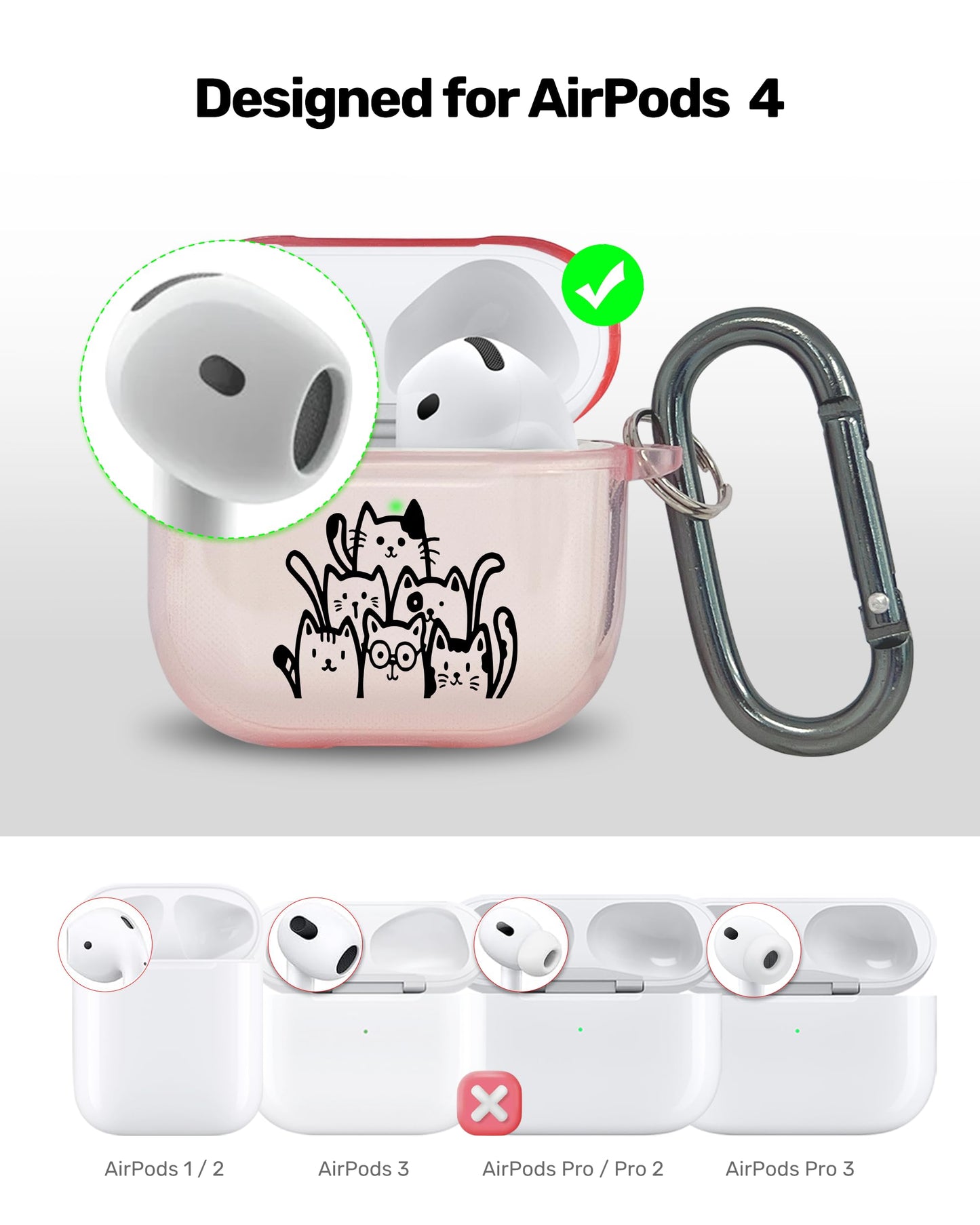 RockMax for AirPods 4 Case Cover with Art Skin, Cute TPU AirPods Case with Keychain Hook, Semi-Transparent Decorative Case for Women, Cute Cat, Clear Pink