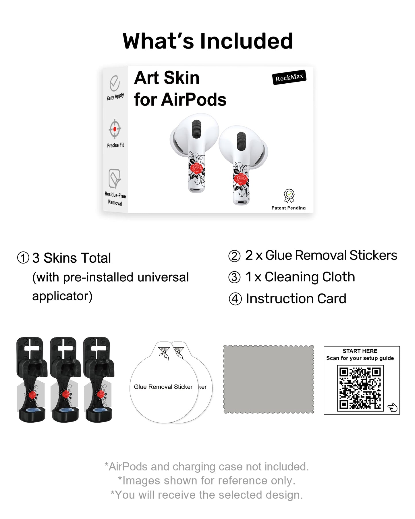 RockMax for AirPods Sticker Skin, Easy to Identify, Universal Fit for AirPods Pro 3/2/1 and Gen 1/2/3/4, Black Wrap Cover, for Teens and Adults
