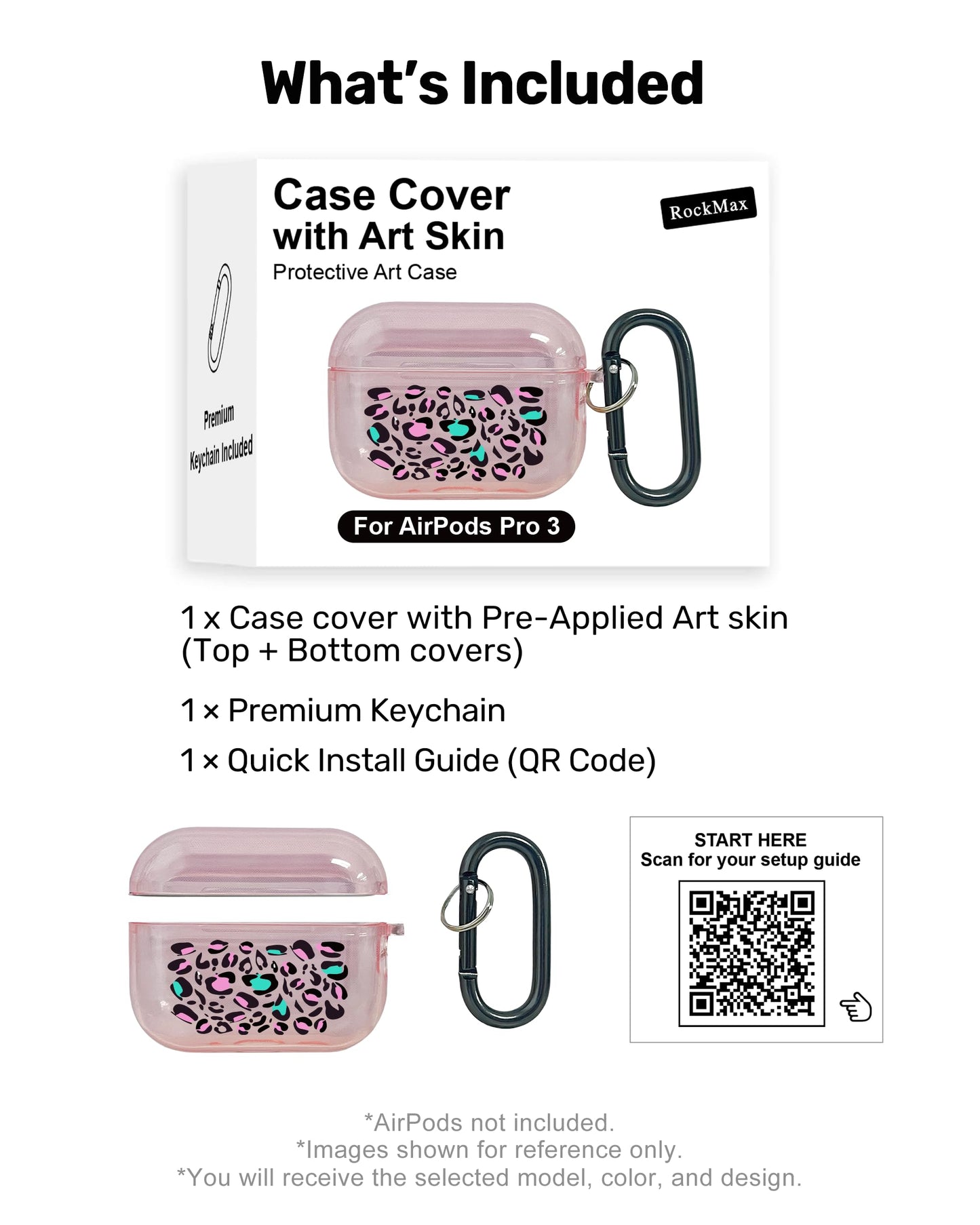 RockMax for AirPods Pro 3 Case Cover with Art Skin, Cute TPU AirPods Case with Keychain Hook, Semi-Transparent Decorative Case for Women, Leopard, Clear Pink