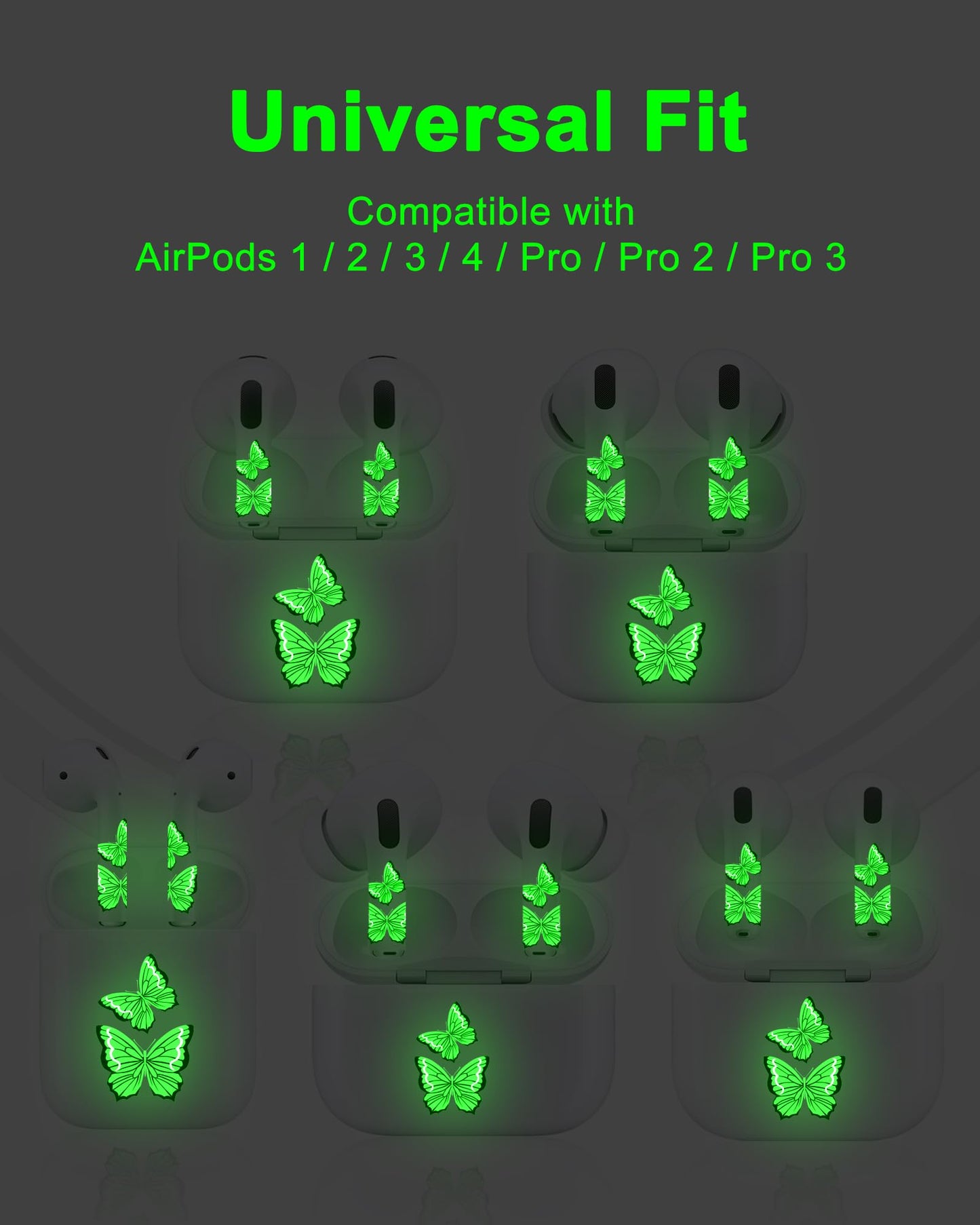 ROCKMAX for AirPods Glow in The Dark Skin Set, Butterfly Earbud + Charging Case Stickers with Applicator & Spare, Universal Fit for AirPods 1/2/3/4 & Pro/Pro 2/Pro 3, Sweat-Resistant, Removable