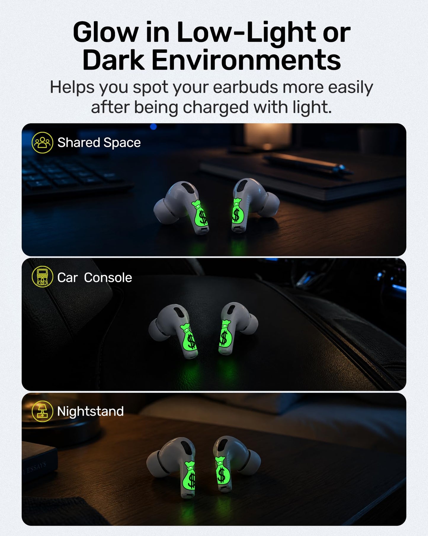 RockMax for AirPod Pro 3 Skins, Glow in The Dark Decal Stickers, DIY Dollar Tattoos for AirPods Pro 2nd Generation, Easy to Identify, Compatible with AirPods Pro 1/2/3 & AirPod 1/2/3/4(Universal Fit)