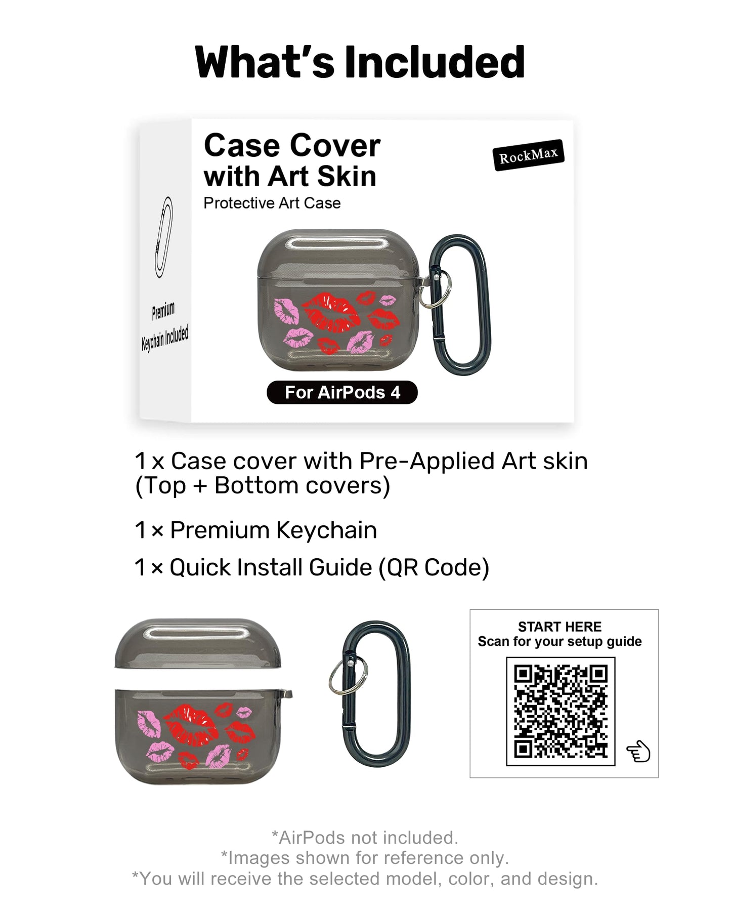 RockMax for AirPods 4 Case Cover with Art Skin, Cute TPU AirPods Case with Keychain Hook, Semi-Transparent Decorative Case for Women, Red Lips, Clear Black