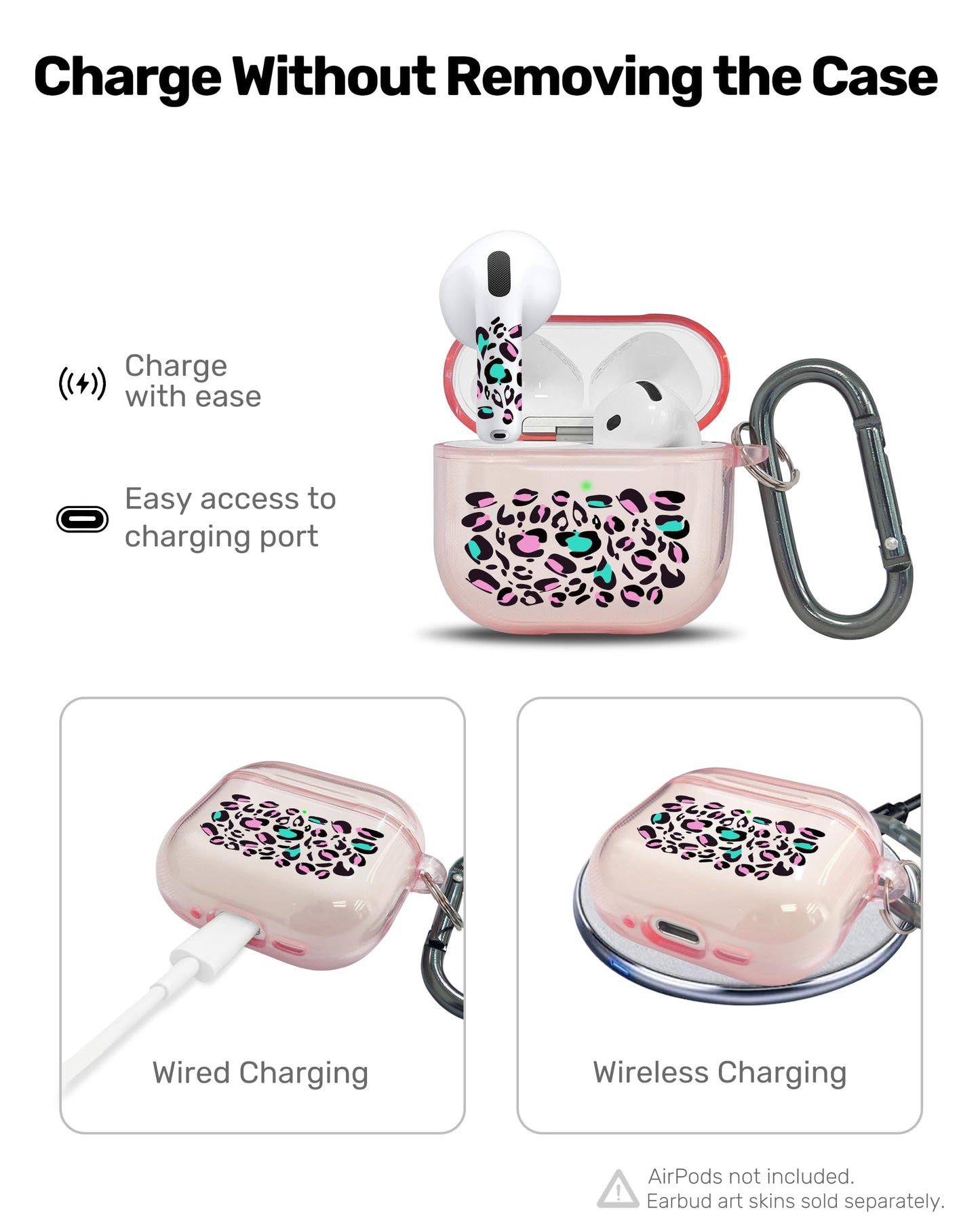 RockMax for AirPods 4 Case Cover with Art Skin, Cute TPU AirPods Case with Keychain Hook, Semi-Transparent Decorative Case for Women, Leopard, Clear Pink