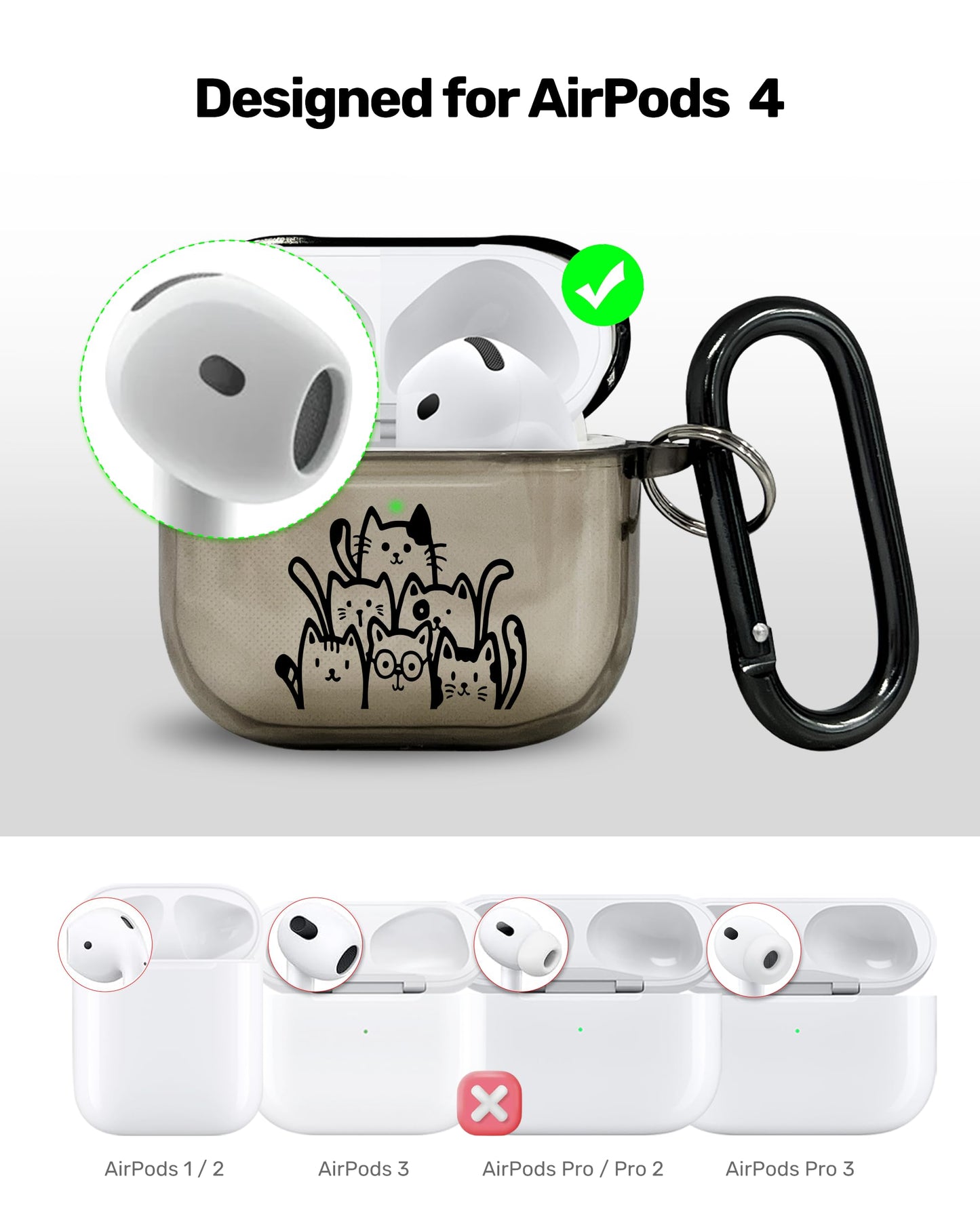 RockMax for AirPods 4 Case Cover with Art Skin, Cute TPU AirPods Case with Keychain Hook, Semi-Transparent Decorative Case for Women, Cute Cat, Clear Black