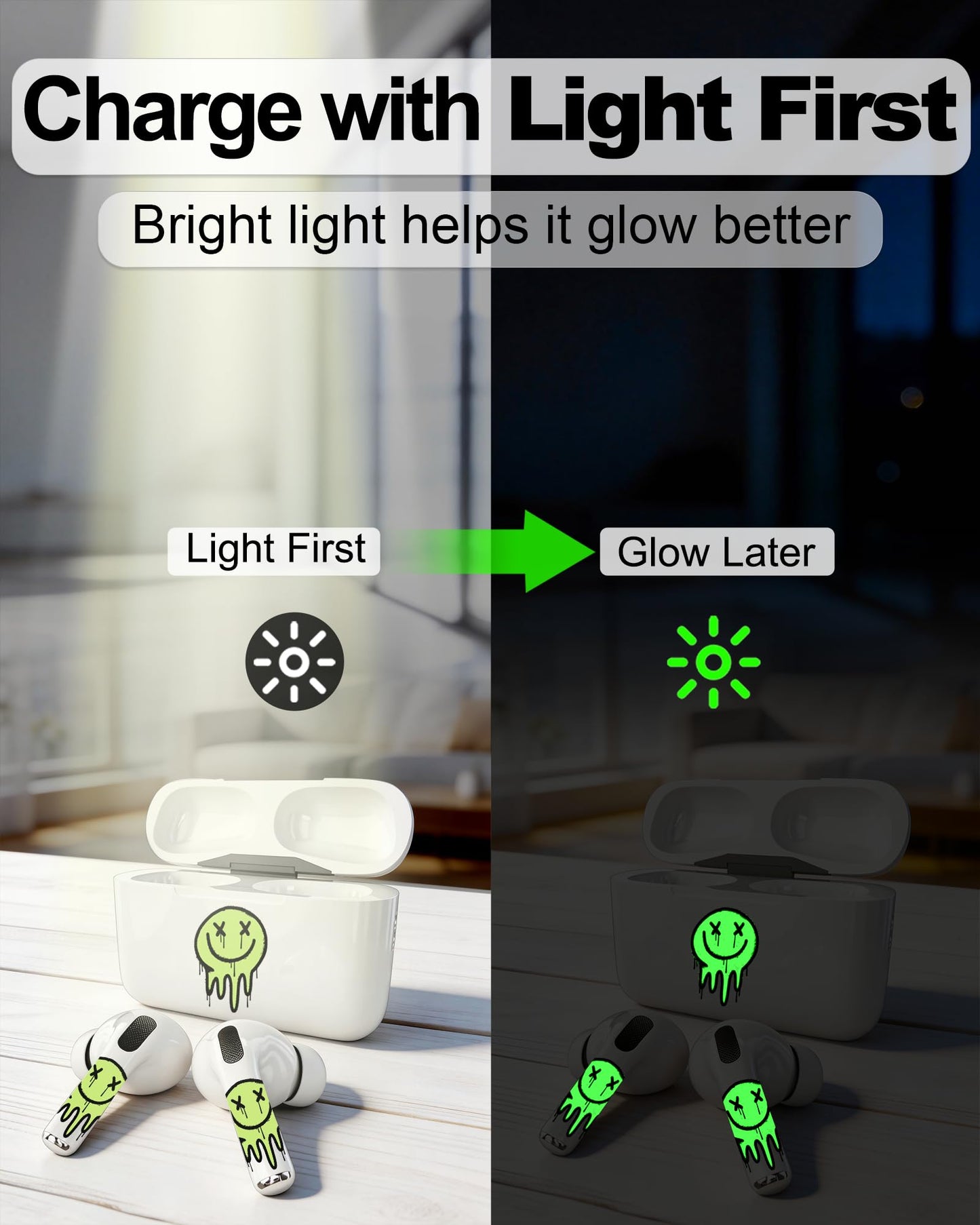 ROCKMAX for Glow in The Dark AirPods Skin Set, Earbud + Charging Case Stickers with Applicator & Spare, Universal Fit for AirPods 1/2/3/4 & Pro/Pro 2/Pro 3, Sweat-Resistant, Removable