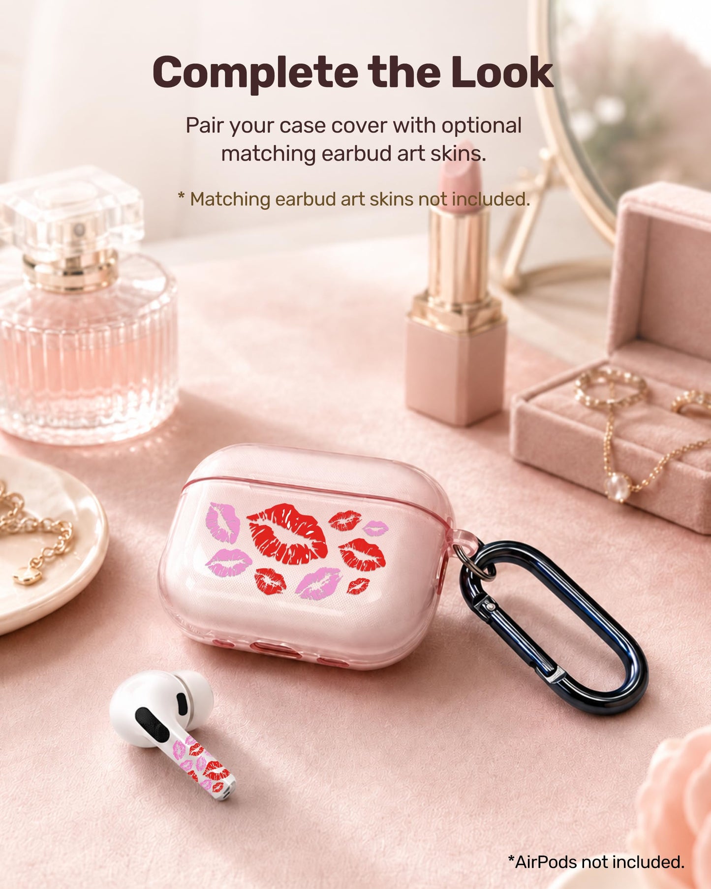RockMax for AirPods Pro 3 Case Cover with Art Skin, Cute TPU AirPods Case with Keychain Hook, Semi-Transparent Decorative Case for Women, Red Lips, Clear Pink