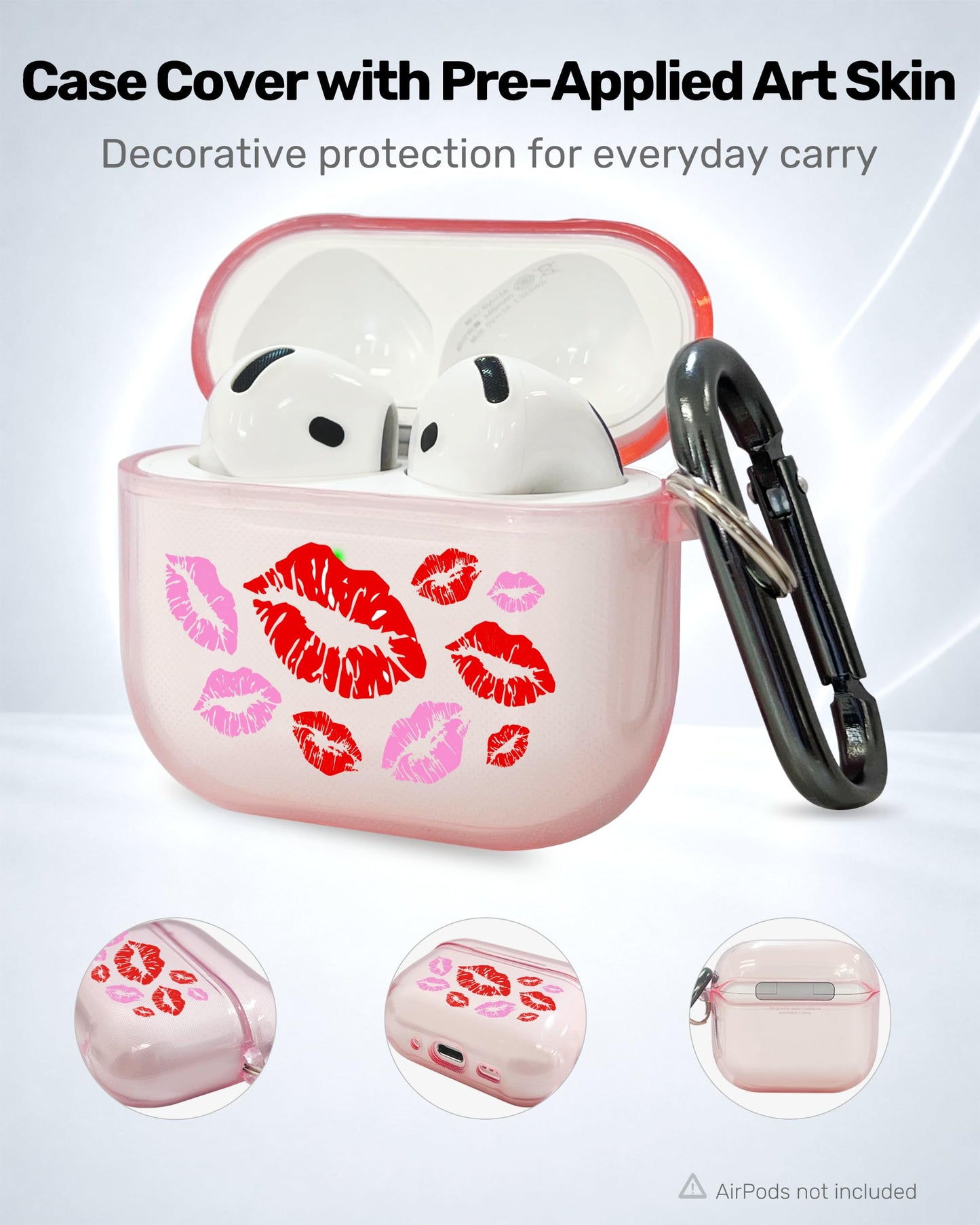 RockMax for AirPods 4 Case Cover with Art Skin, Cute TPU AirPods Case with Keychain Hook, Semi-Transparent Decorative Case for Women, Red Lips, Clear Pink