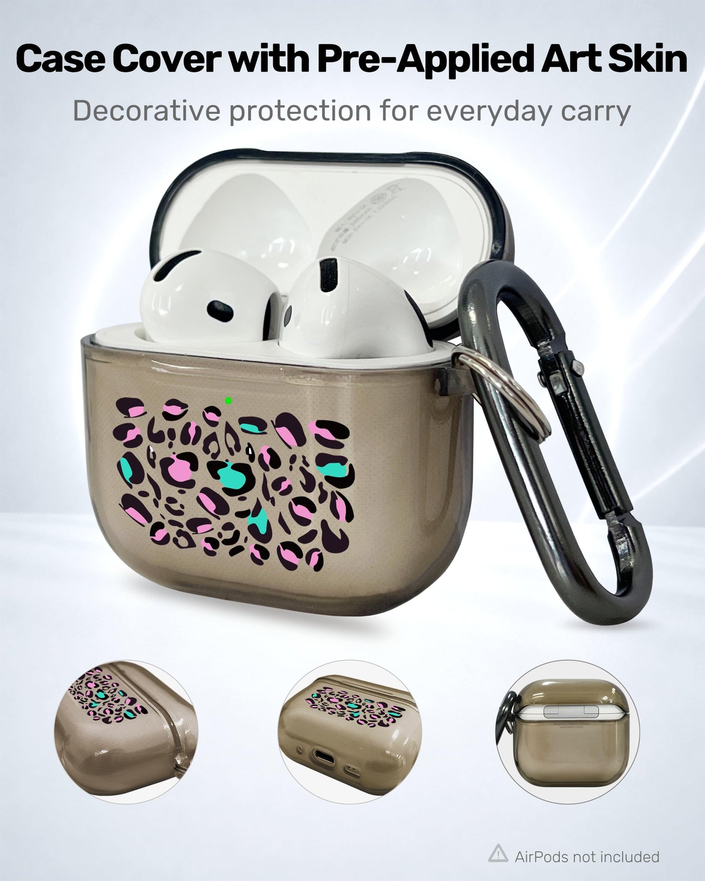 RockMax for AirPods 4 Case Cover with Art Skin, Cute TPU AirPods Case with Keychain Hook, Semi-Transparent Decorative Case for Women, Leopard, Clear Black