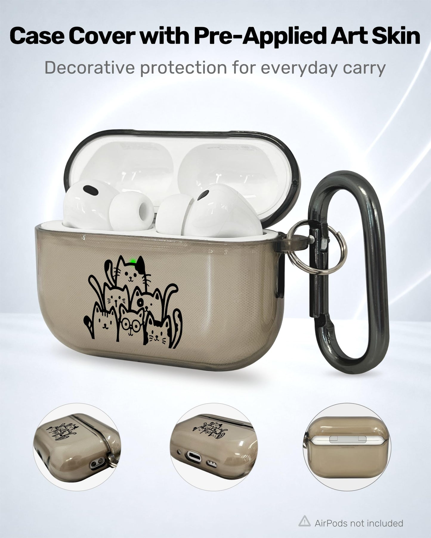 RockMax for AirPods Pro 3 Case Cover with Art Skin, Cute TPU AirPods Case with Keychain Hook, Semi-Transparent Decorative Case for Women, Cute Cat, Clear Black