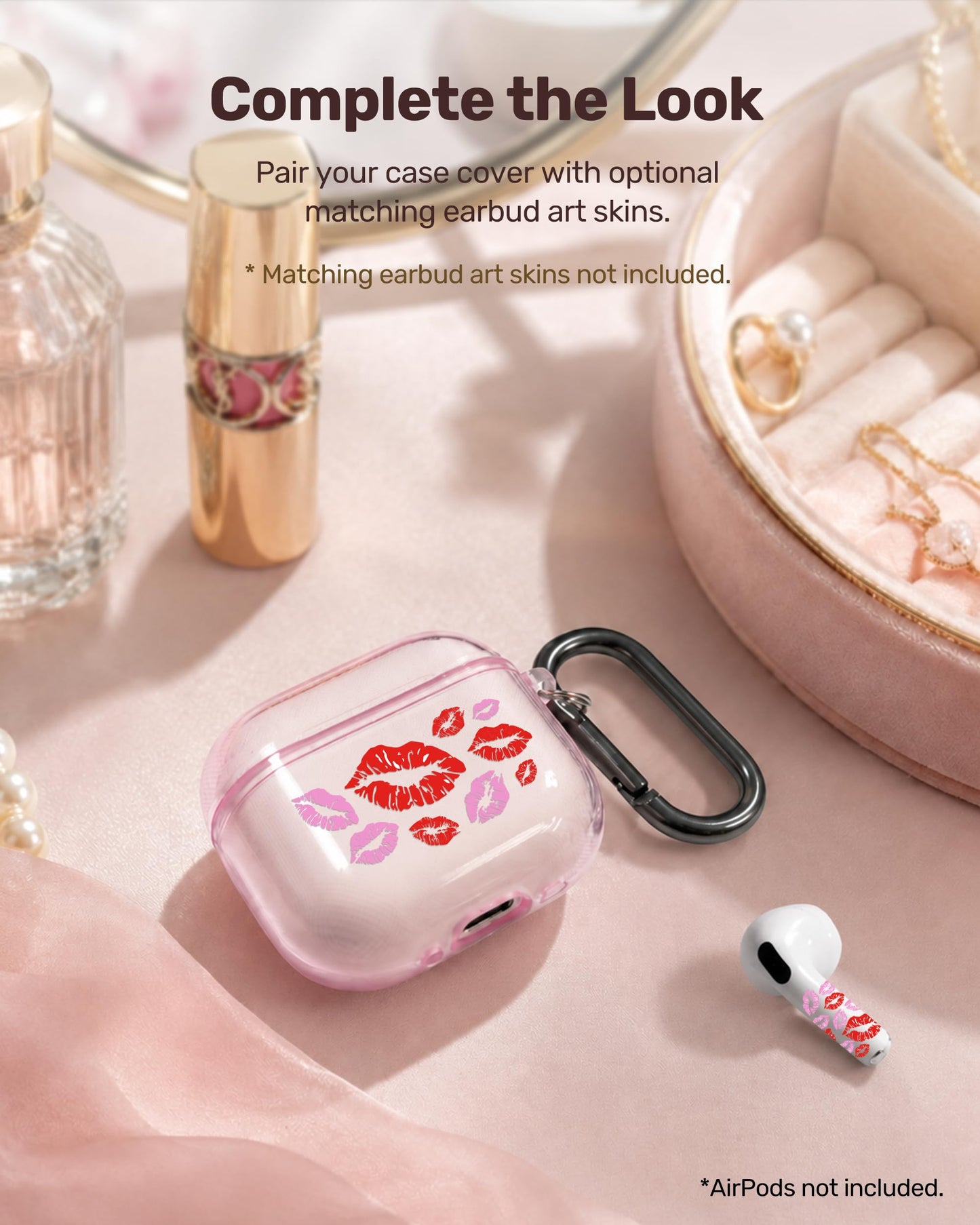 RockMax for AirPods 4 Case Cover with Art Skin, Cute TPU AirPods Case with Keychain Hook, Semi-Transparent Decorative Case for Women, Red Lips, Clear Pink