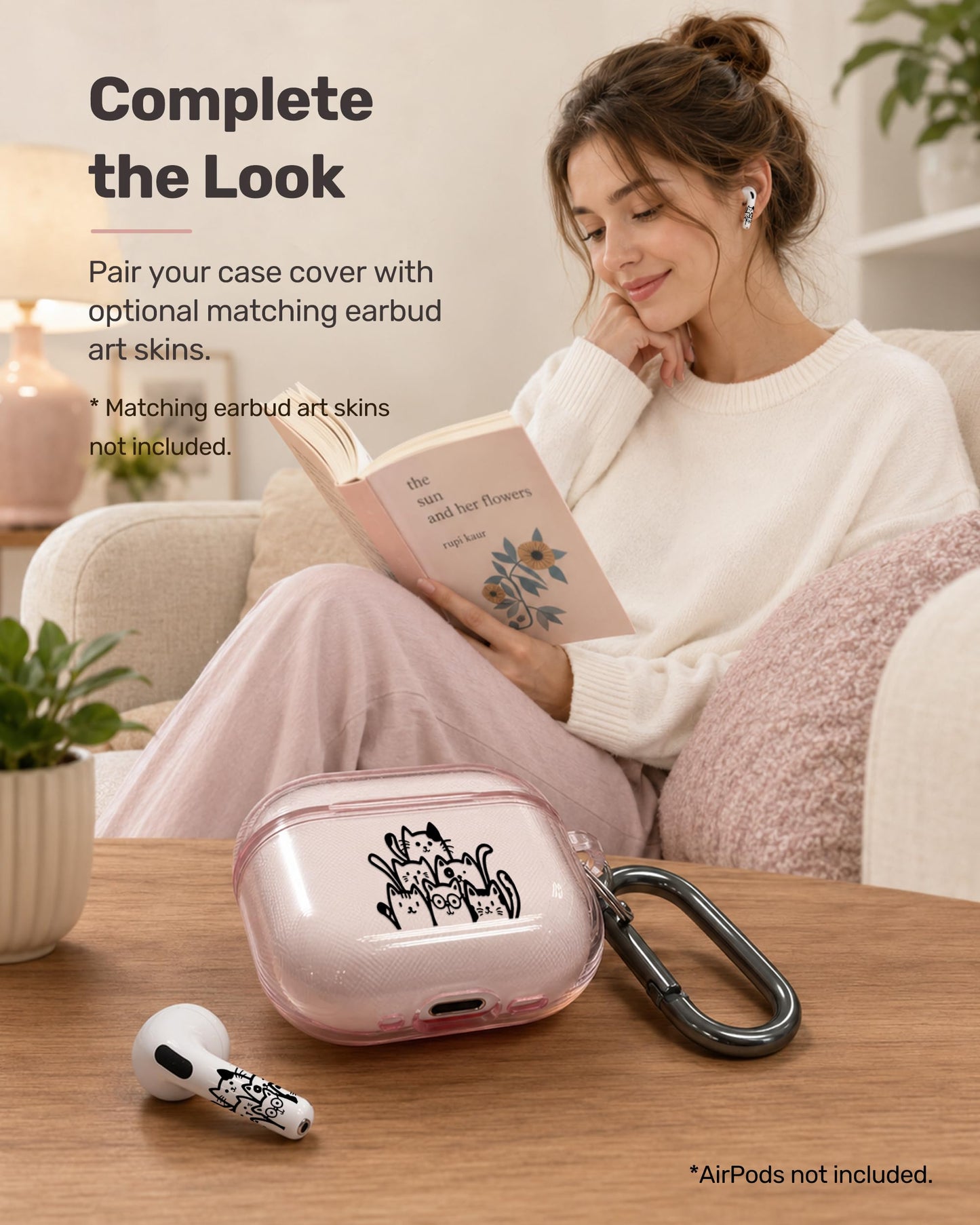 RockMax for AirPods 4 Case Cover with Art Skin, Cute TPU AirPods Case with Keychain Hook, Semi-Transparent Decorative Case for Women, Cute Cat, Clear Pink