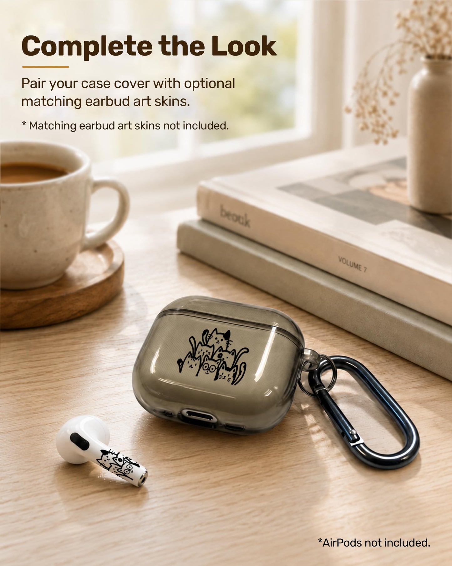 RockMax for AirPods 4 Case Cover with Art Skin, Cute TPU AirPods Case with Keychain Hook, Semi-Transparent Decorative Case for Women, Cute Cat, Clear Black
