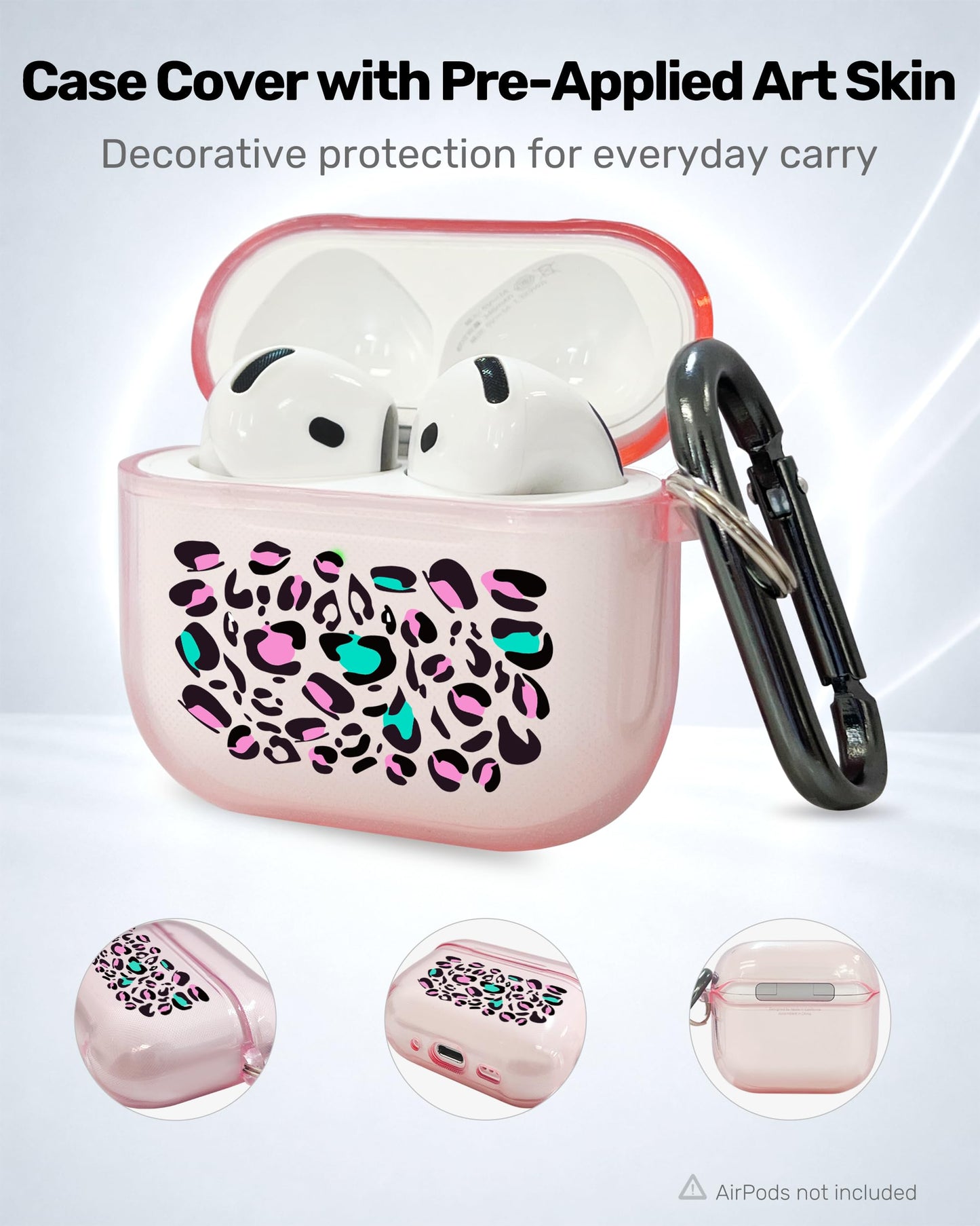 RockMax for AirPods 4 Case Cover with Art Skin, Cute TPU AirPods Case with Keychain Hook, Semi-Transparent Decorative Case for Women, Leopard, Clear Pink