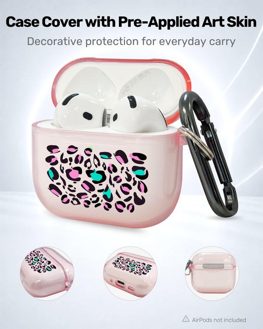 RockMax for AirPods 4 Case Cover with Art Skin, Cute TPU AirPods Case with Keychain Hook, Semi-Transparent Decorative Case for Women, Leopard, Clear Pink
