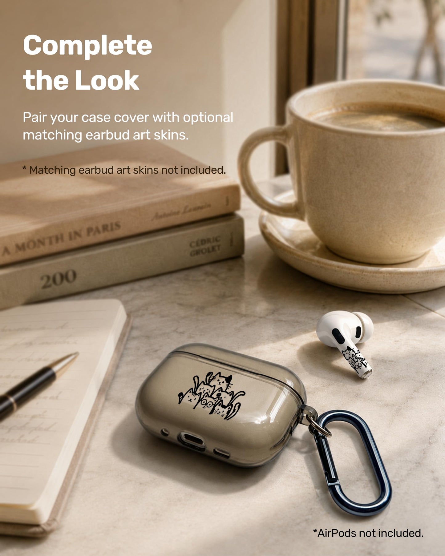 RockMax for AirPods Pro 3 Case Cover with Art Skin, Cute TPU AirPods Case with Keychain Hook, Semi-Transparent Decorative Case for Women, Cute Cat, Clear Black