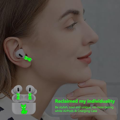 ROCKMAX Glow in The Dark Stickers for AirPods Pro 2nd Generation, Luminous Cat Decal Skin Accessories for Earphones and Charging Case, Cute Earbuds Case Cover Wrap for Girls, with Cleaning Kits