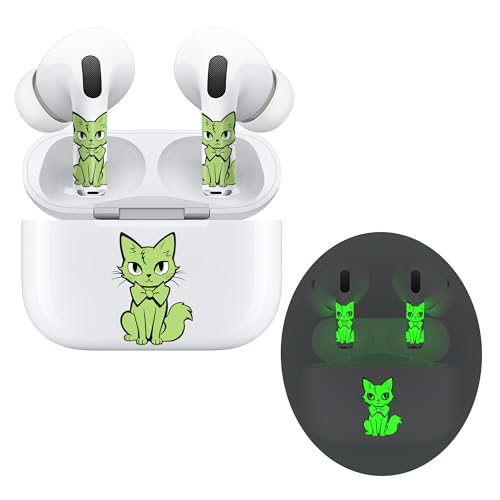 ROCKMAX Glow in The Dark Stickers for AirPods Pro 2nd Generation, Luminous Cat Decal Skin Accessories for Earphones and Charging Case, Cute Earbuds Case Cover Wrap for Girls, with Cleaning Kits